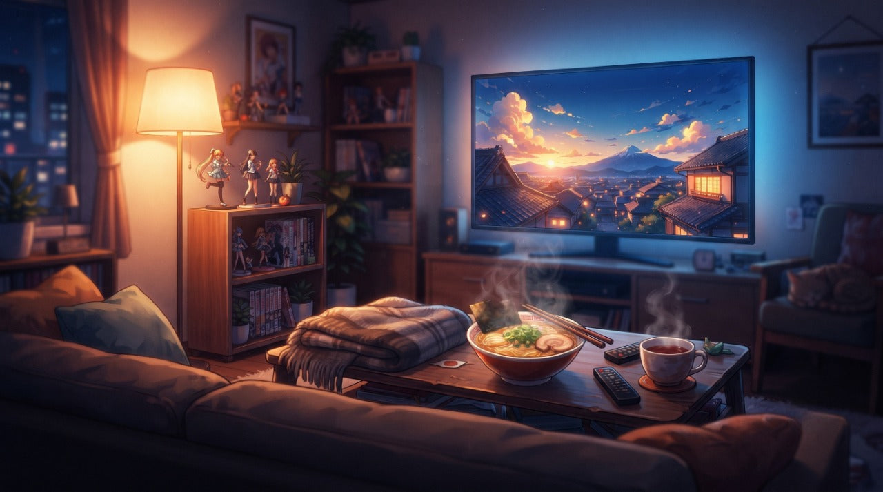 Salon éclairé la nuit, écran de télévision diffusant un paysage au coucher du soleil et bol de ramen sur la table basse