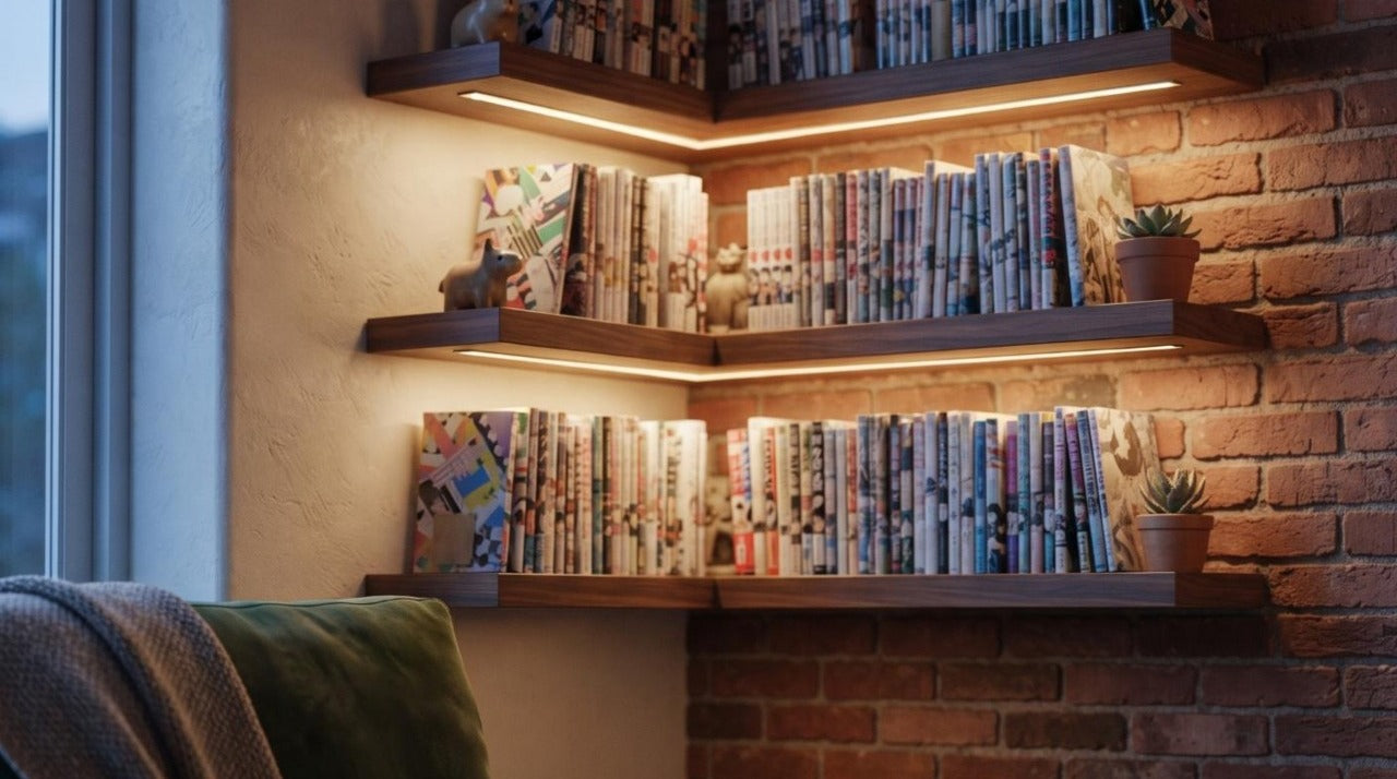 Coin d'exposition du studio Manga Horizon : étagères de noyer, mur de brique et tomes de manga sous un bandeau de lumière chaude