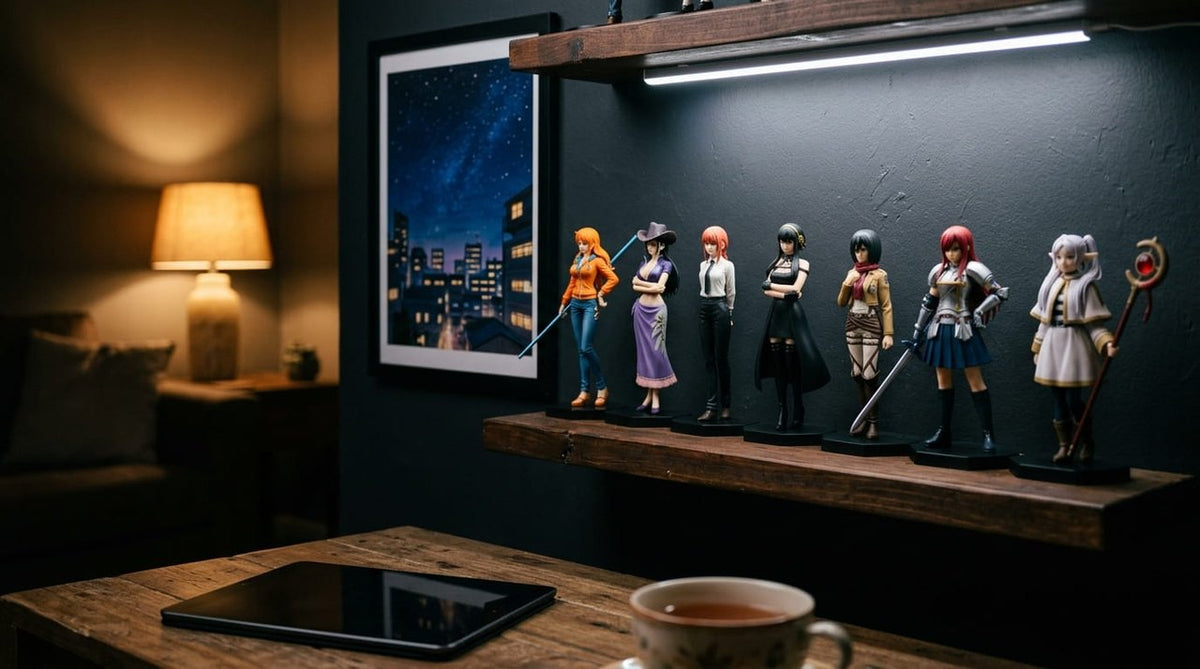 Salon le soir : étagère en bois éclairée par un ruban LED avec sept figurines d'anime, Nami, Nico Robin, Makima, Yor, Mikasa, Erza et Frieren, affiche d'un ciel étoilé sur une ville, tablette et tasse de thé