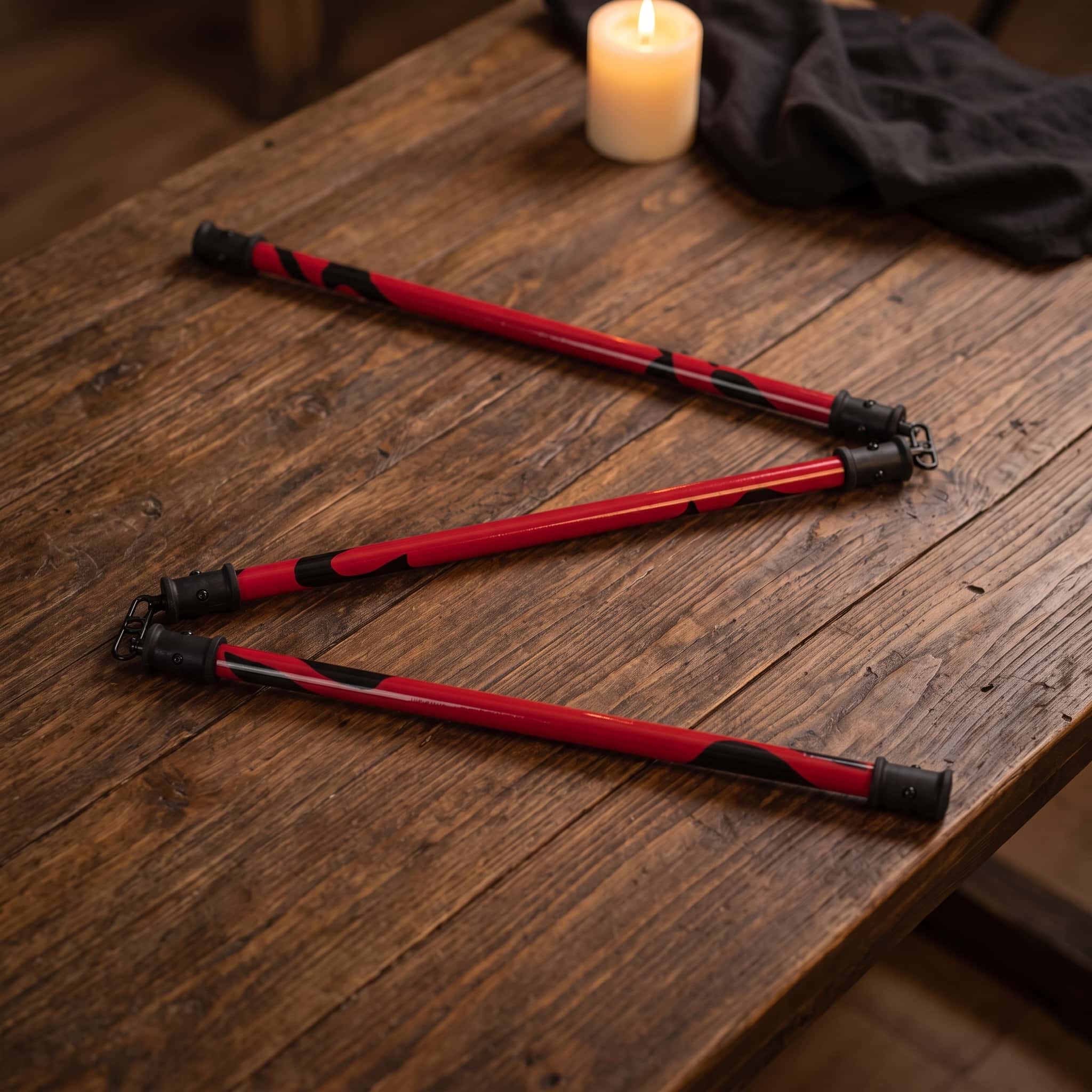 Réplique du Nuage Joueur de Maki Zenin dans Jujutsu Kaisen, trois sections rouge et noir d'environ 48 cm avec embouts noirs et mousquetons, posées sur une table en bois