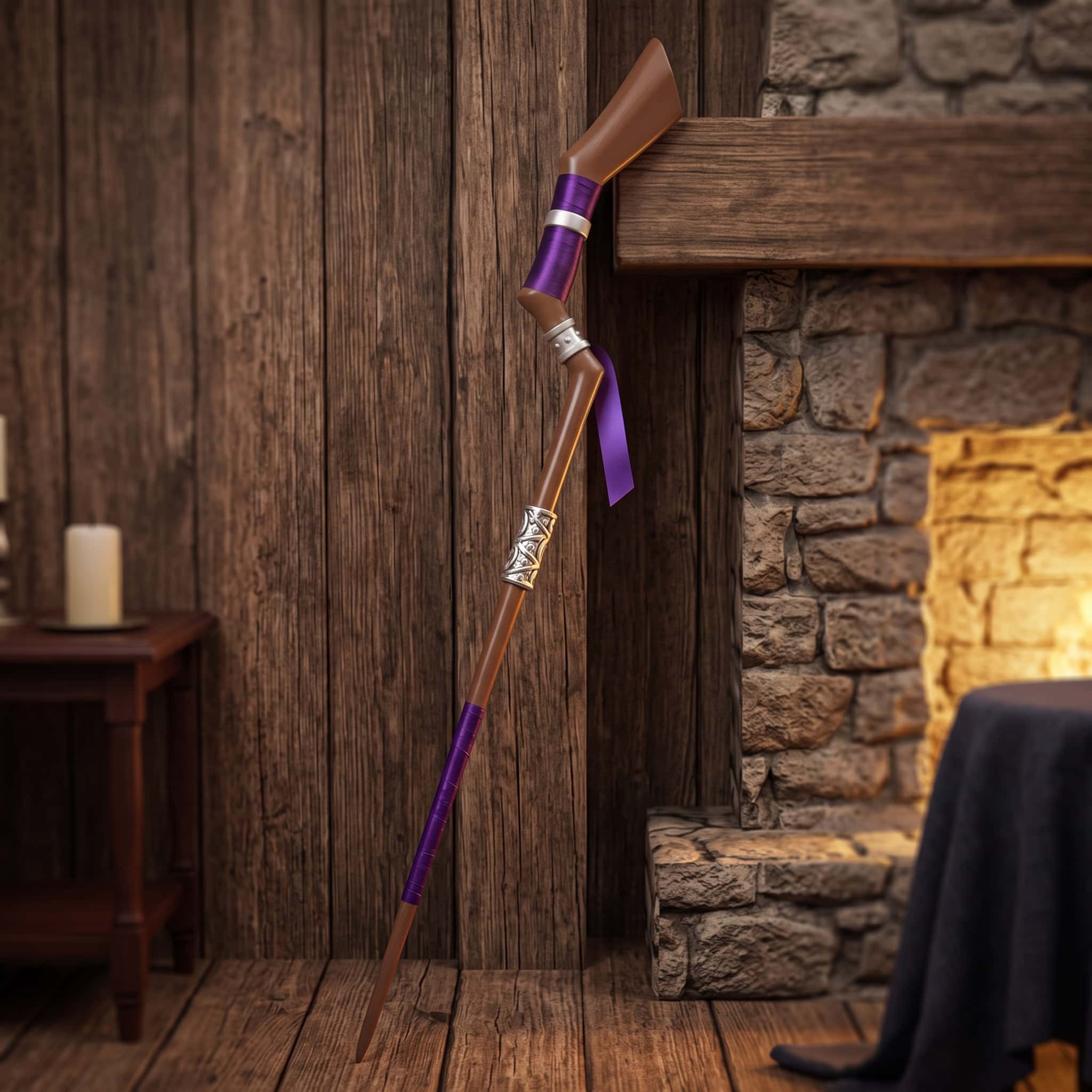 Réplique de bâton de mage de l'univers de Frieren, 142 cm, fût brun imitation bois, liens violets, bague d'argent ciselée et ruban violet, appuyée contre un mur de bois