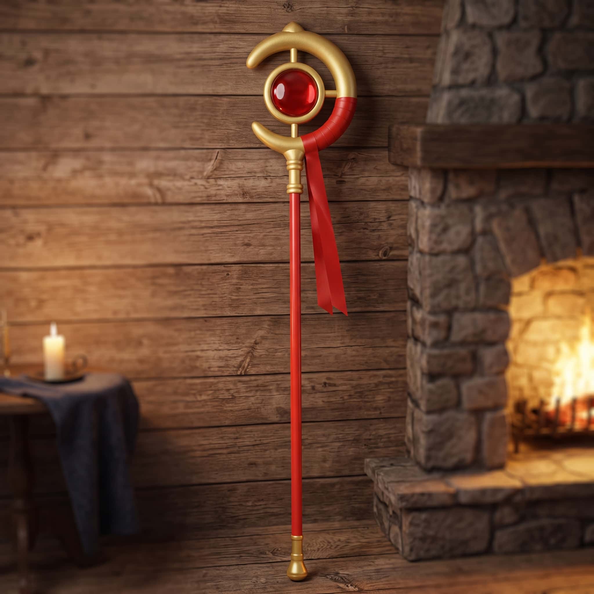 Réplique de bâton de mage de l'univers de Frieren, 145 cm, fût rouge laqué, tête en croissant doré serti d'une gemme rouge et ruban rouge, contre un mur de bois