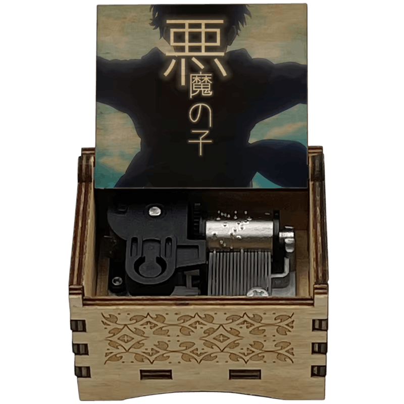 Boîte à musique Attaque des Titans, couvercle aux kanji Akuma no Ko sur fond sombre