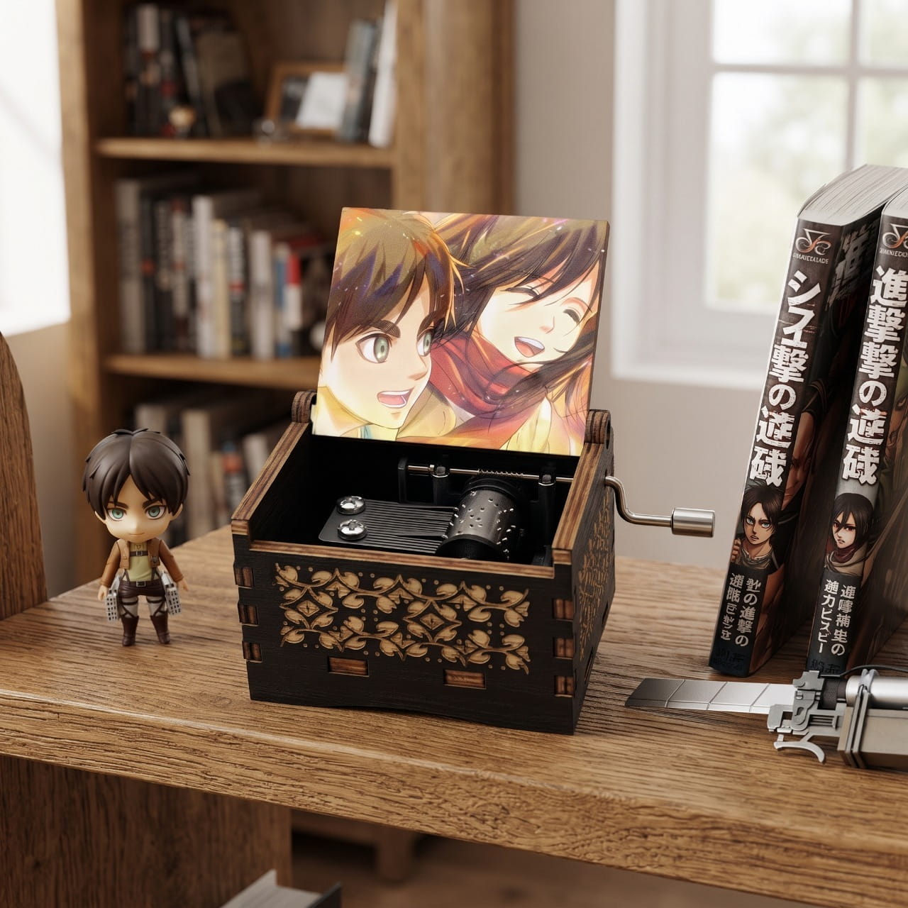 Boîte à musique Attaque des Titans ouverte sur un bureau, figurine et tomes de manga en arrière-plan