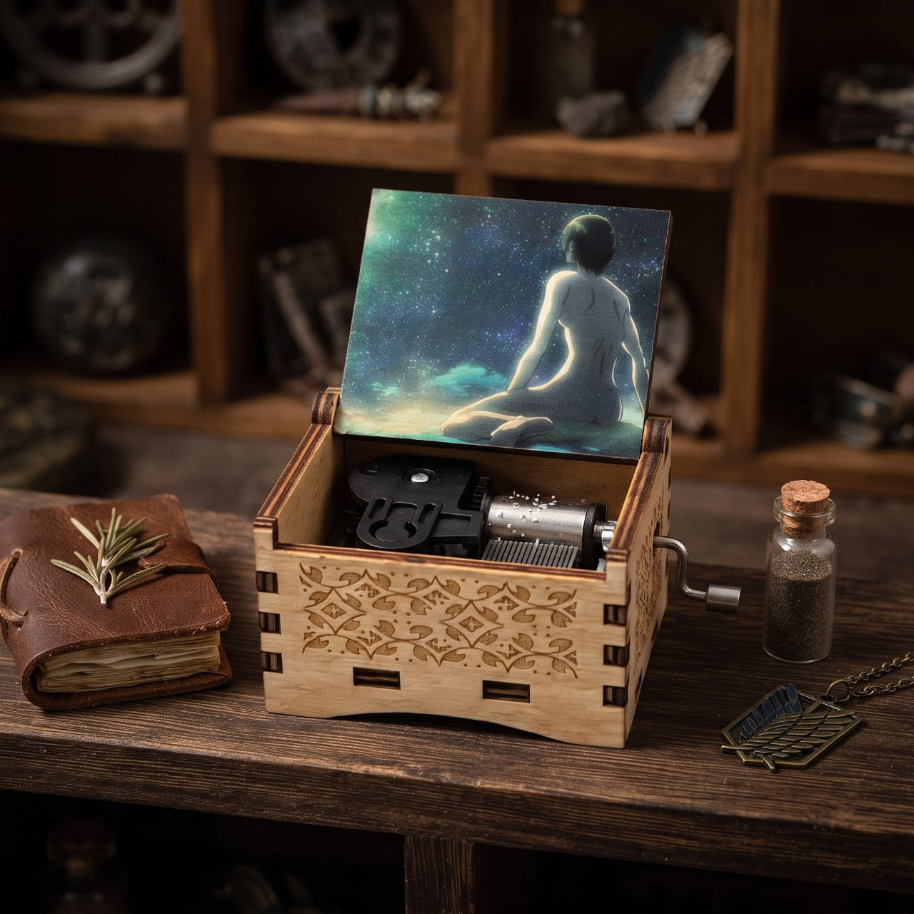 Boîte à musique Attaque des Titans posée sur un bureau en bois, carnet et fiole en arrière-plan