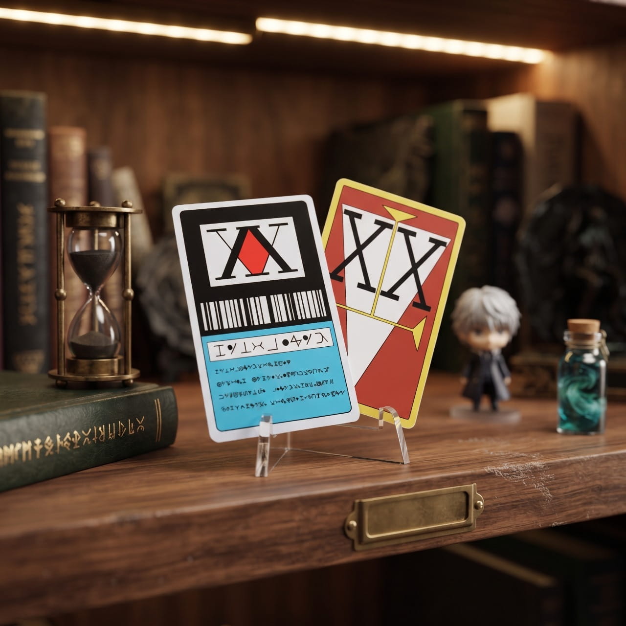 Carte de licence de Hunter de Hunter x Hunter posée sur un bureau à côté d'un portefeuille ouvert