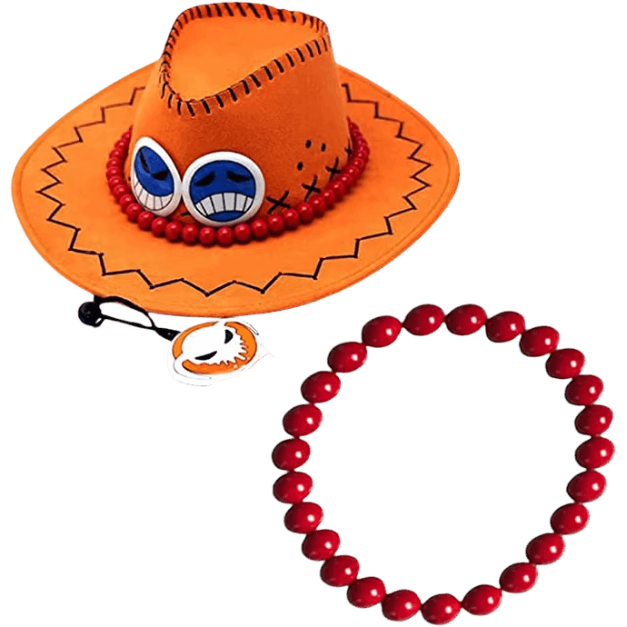Chapeau Ace One Piece en similicuir orange avec ses deux visages rieurs, et le collier de perles rouges fourni