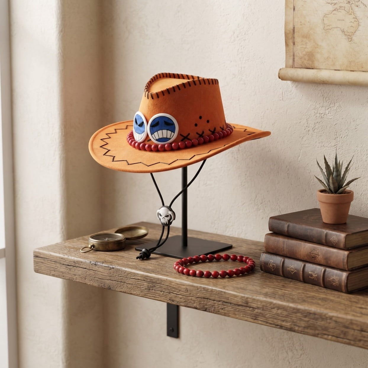 Chapeau de cosplay Ace One Piece orange et son collier de perles rouges, posés sur une console en bois