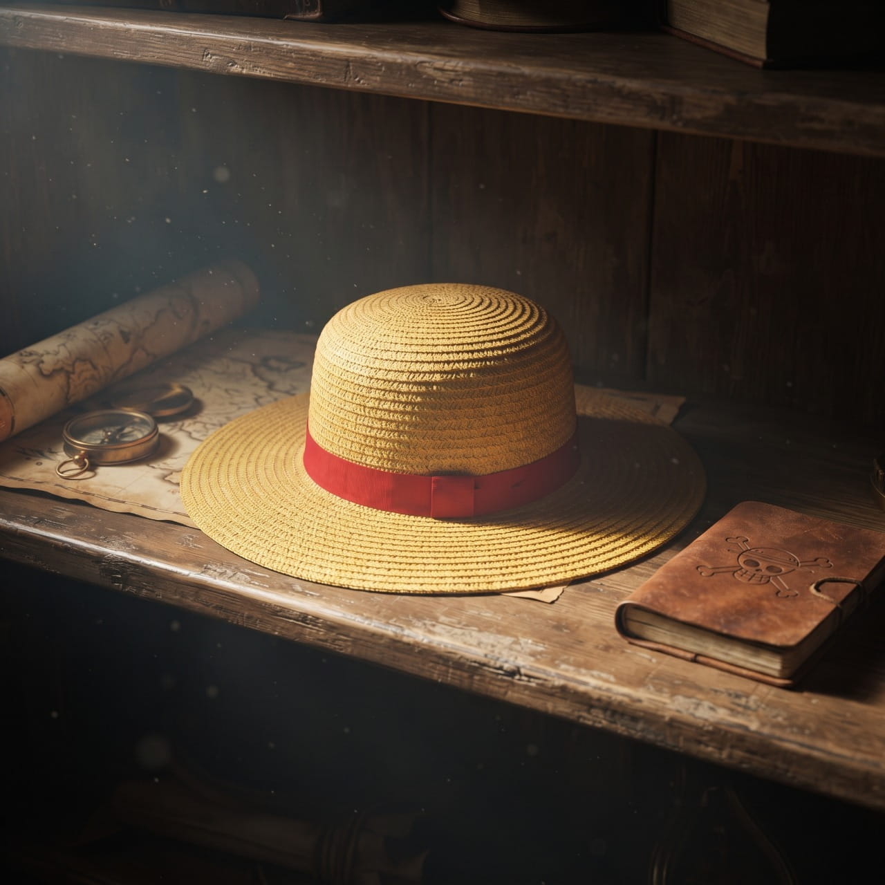 Chapeau de paille One Piece à ruban rouge posé sur une console en bois
