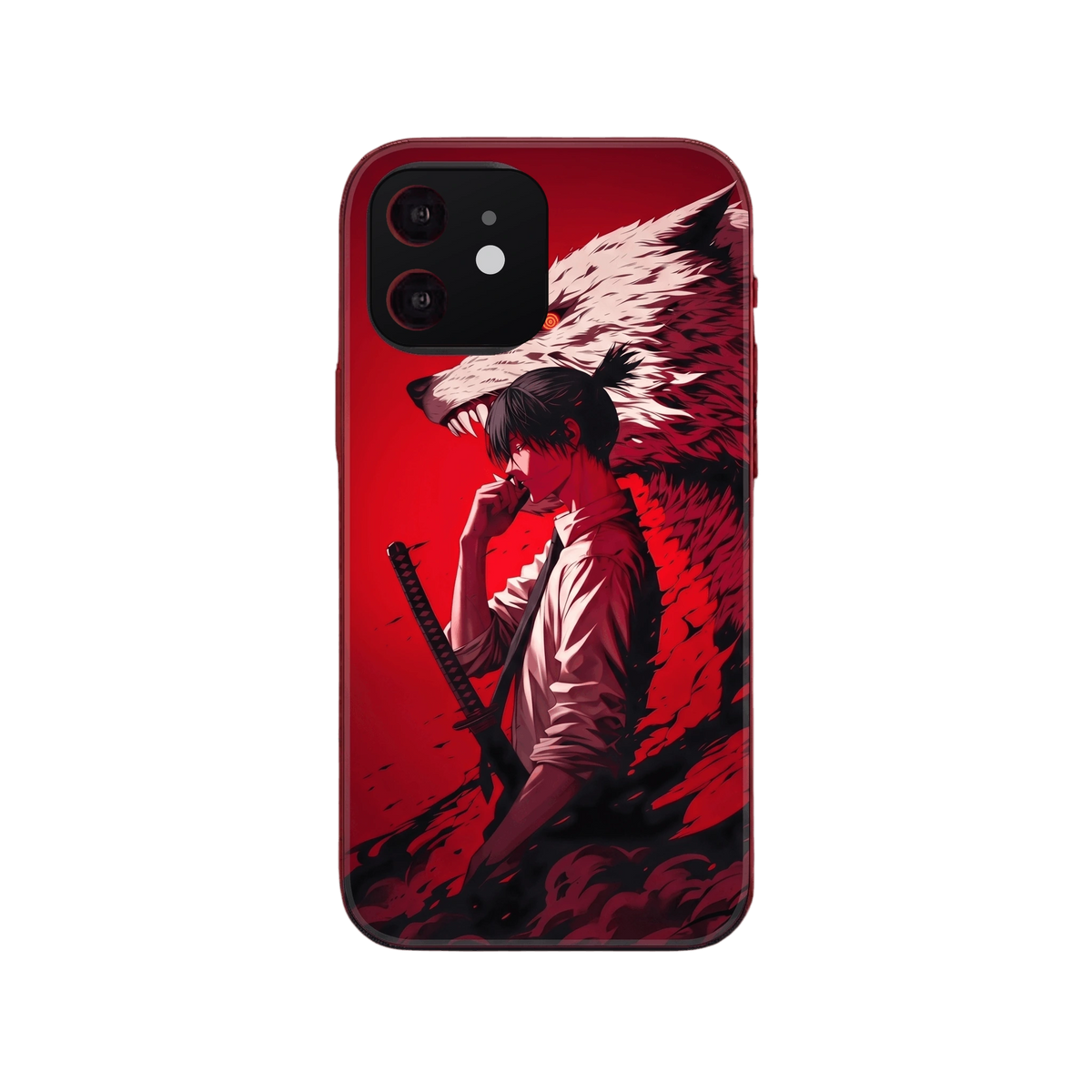 Coque iPhone Chainsaw Man illustrant Aki Hayakawa de profil, katana dans le dos, devant la gueule du Démon Renard sur fond rouge