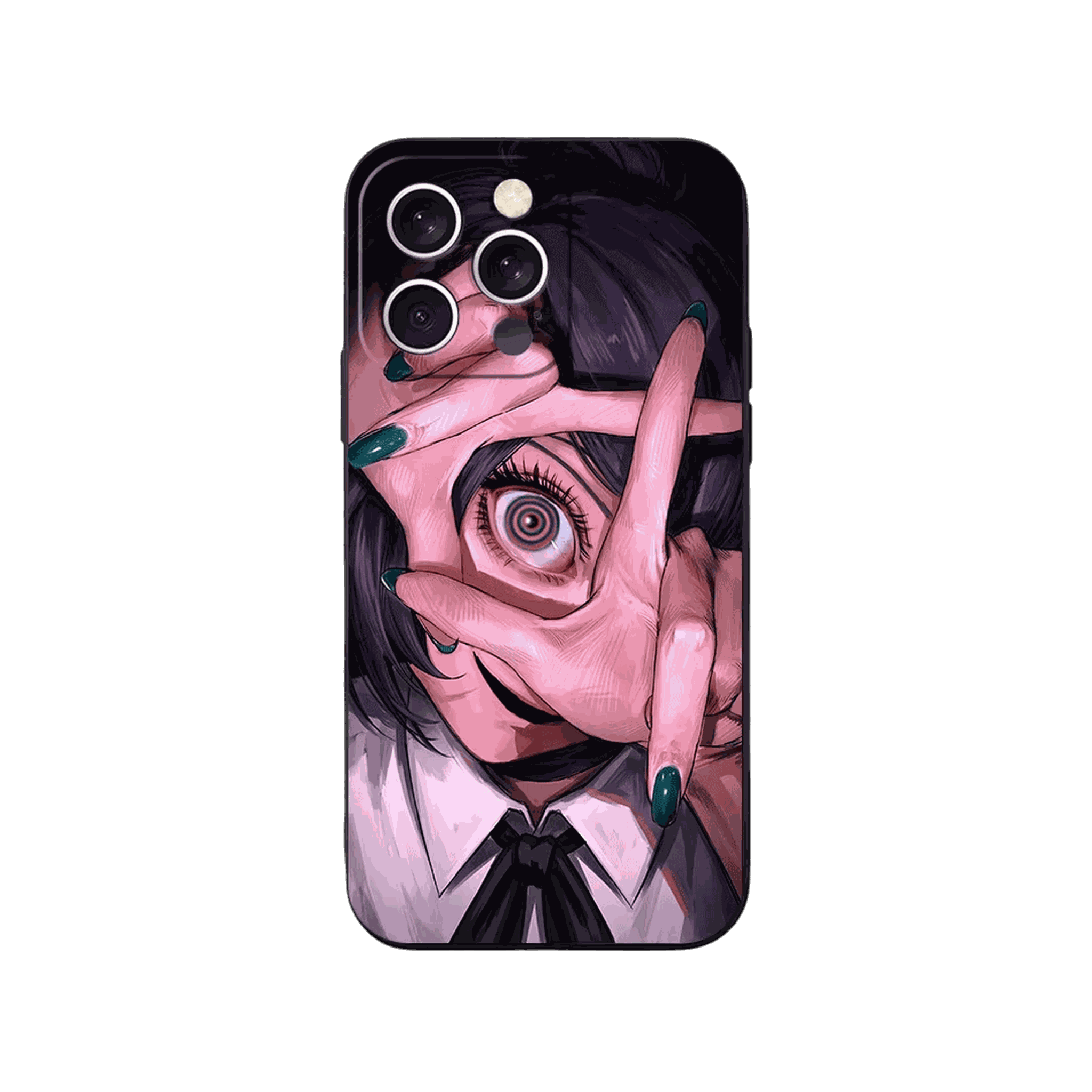 Coque iPhone Chainsaw Man – Reze, la Main sur le Visage, dominante rose et noir