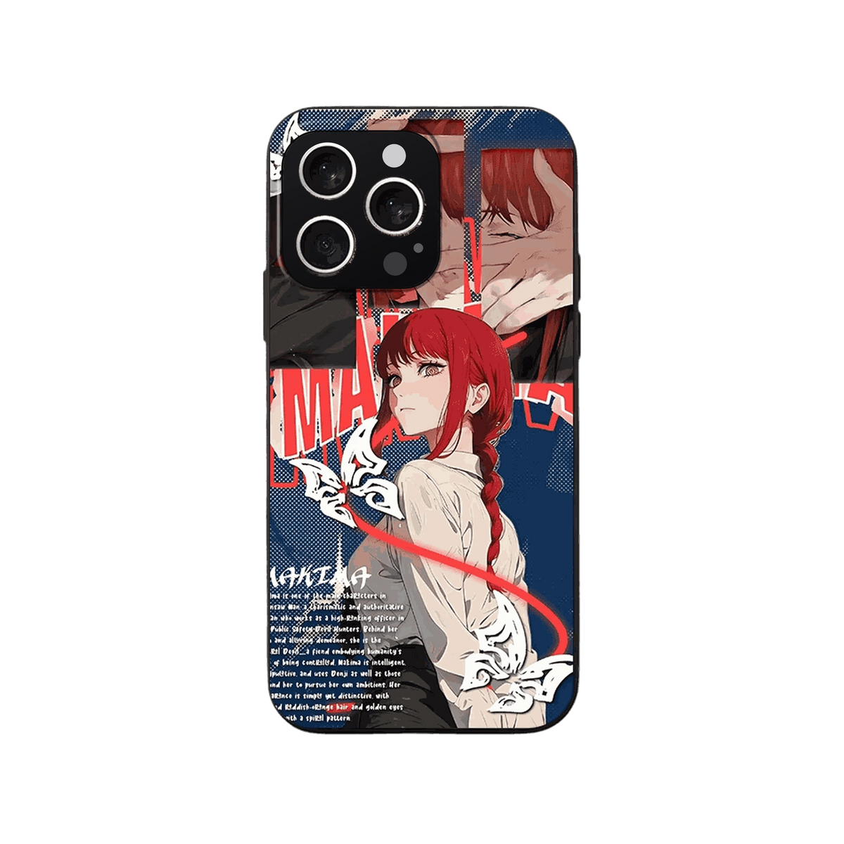 Coque iPhone Chainsaw Man – Makima, Fiche de Personnage, dominante bleu nuit et rouge