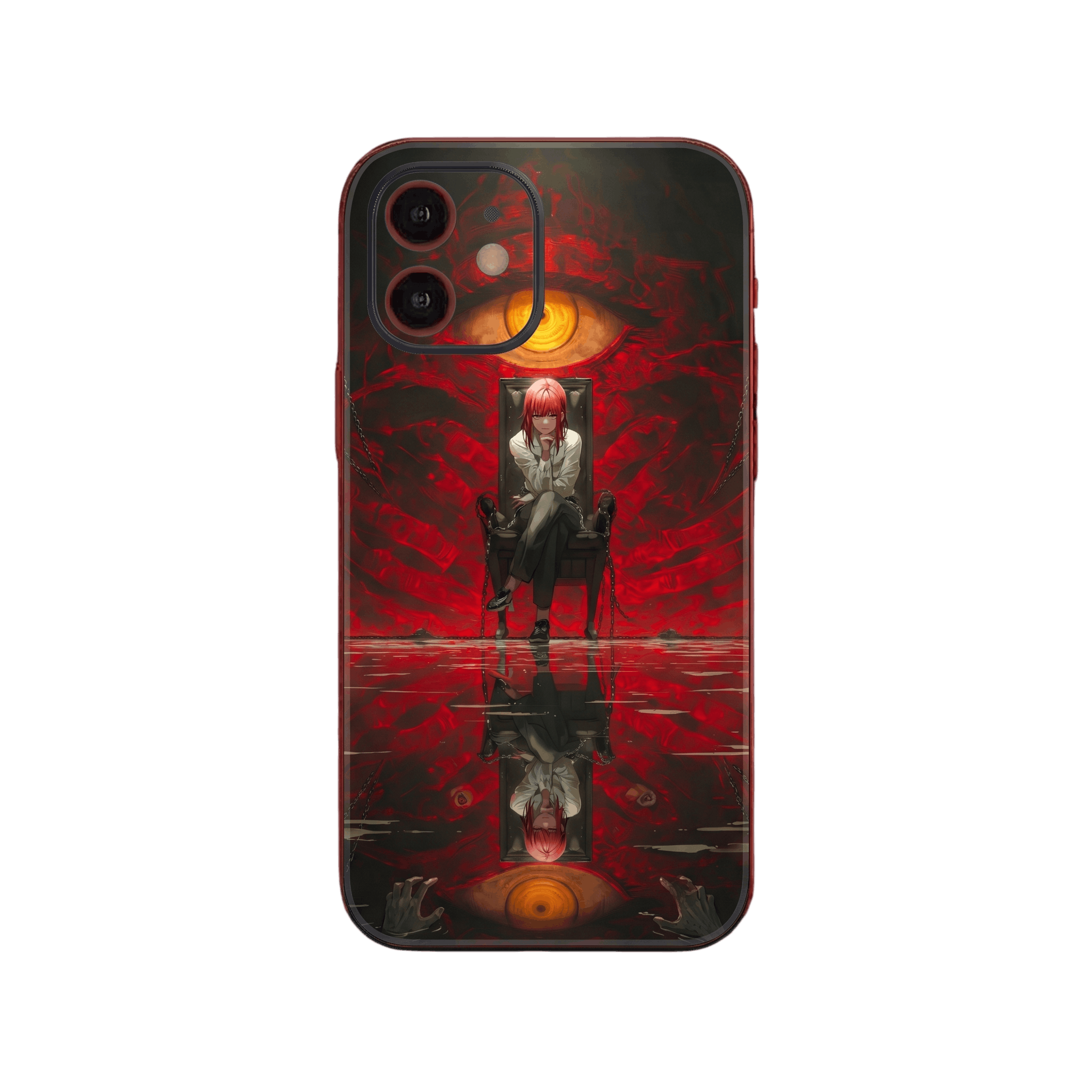 Coque iPhone Chainsaw Man illustrant Makima assise sur un trône, chaînes et œil géant, en composition miroir sur fond rouge