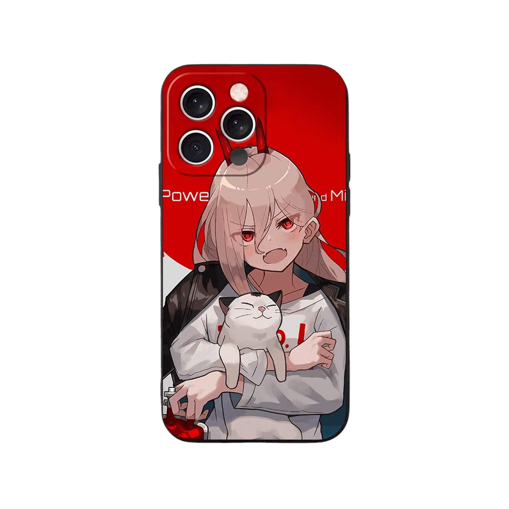 Coque iPhone Chainsaw Man – Power et son Chat, dominante rouge et blanc