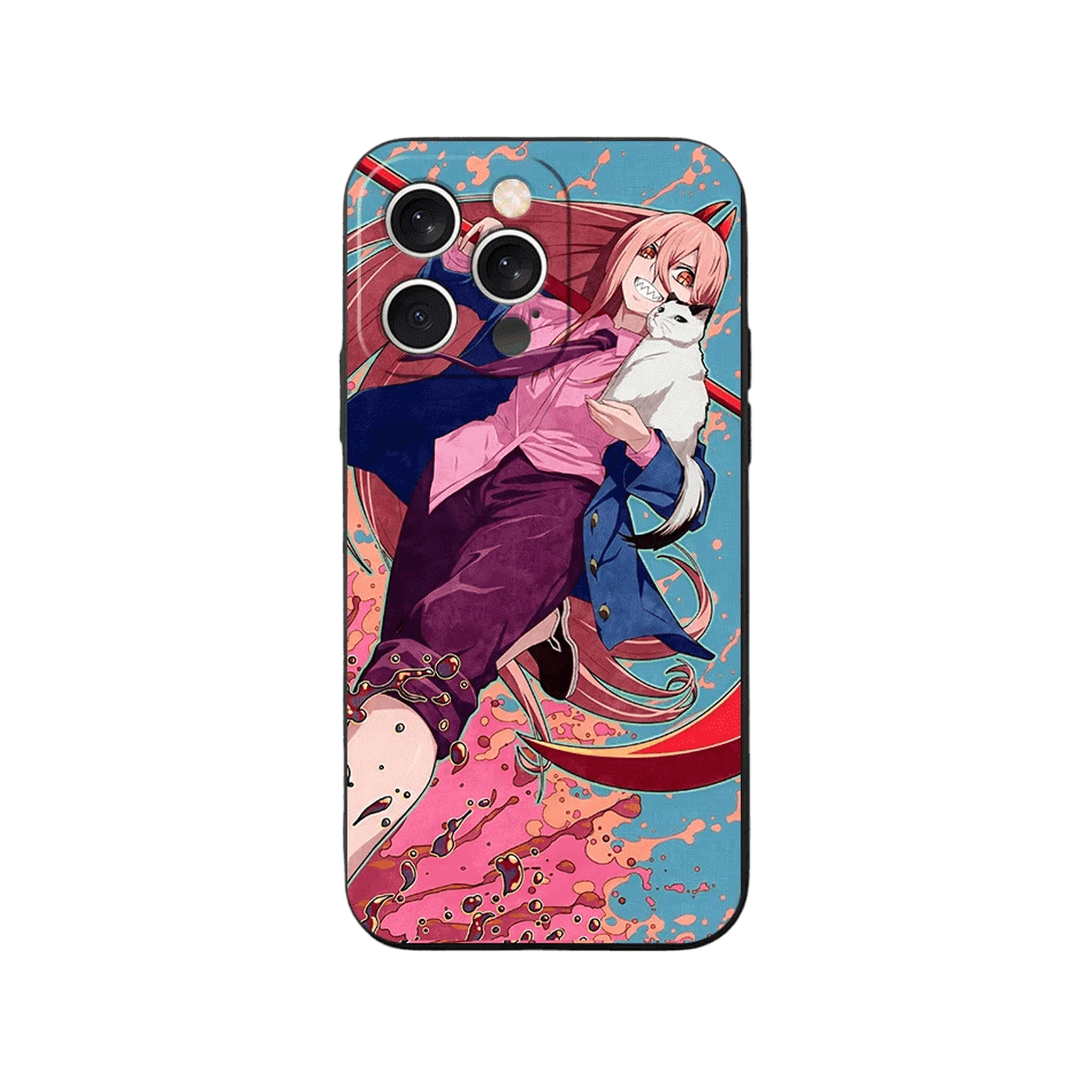 Coque iPhone Chainsaw Man – Power, Éclaboussures, dominante rose et bleu ciel