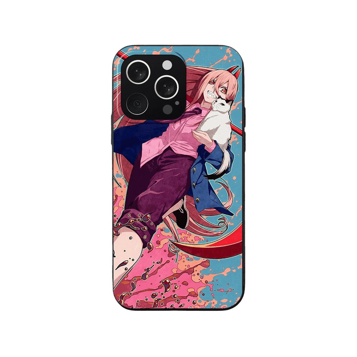 Coque iPhone Chainsaw Man – Power, Éclaboussures, dominante rose et bleu ciel
