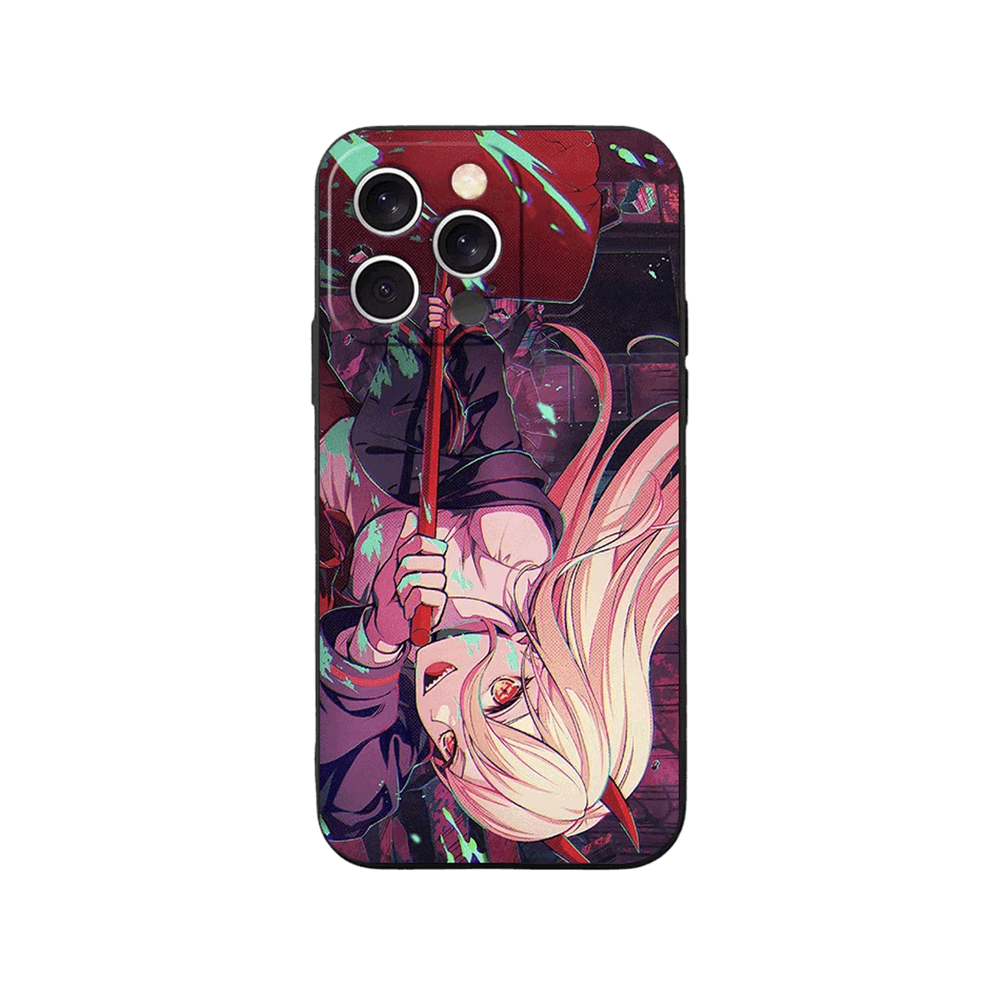 Coque iPhone Chainsaw Man – Power, Tête en Bas, dominante rouge sombre
