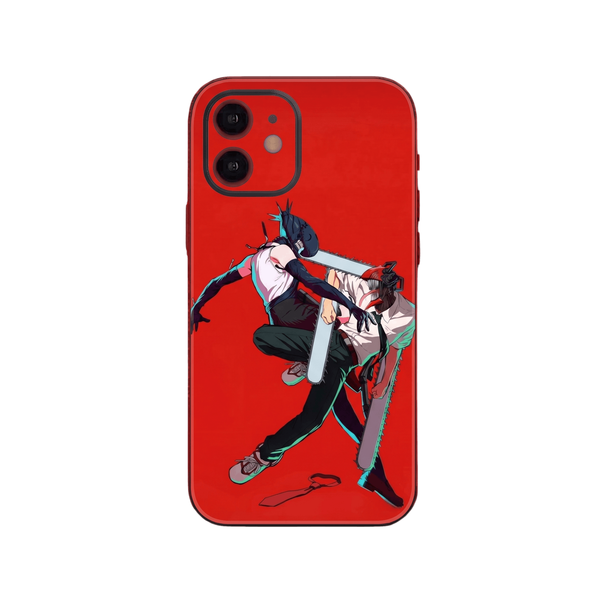 Coque iPhone Chainsaw Man illustrant Reze et Denji transformés, lames croisées en plein saut sur un aplat rouge