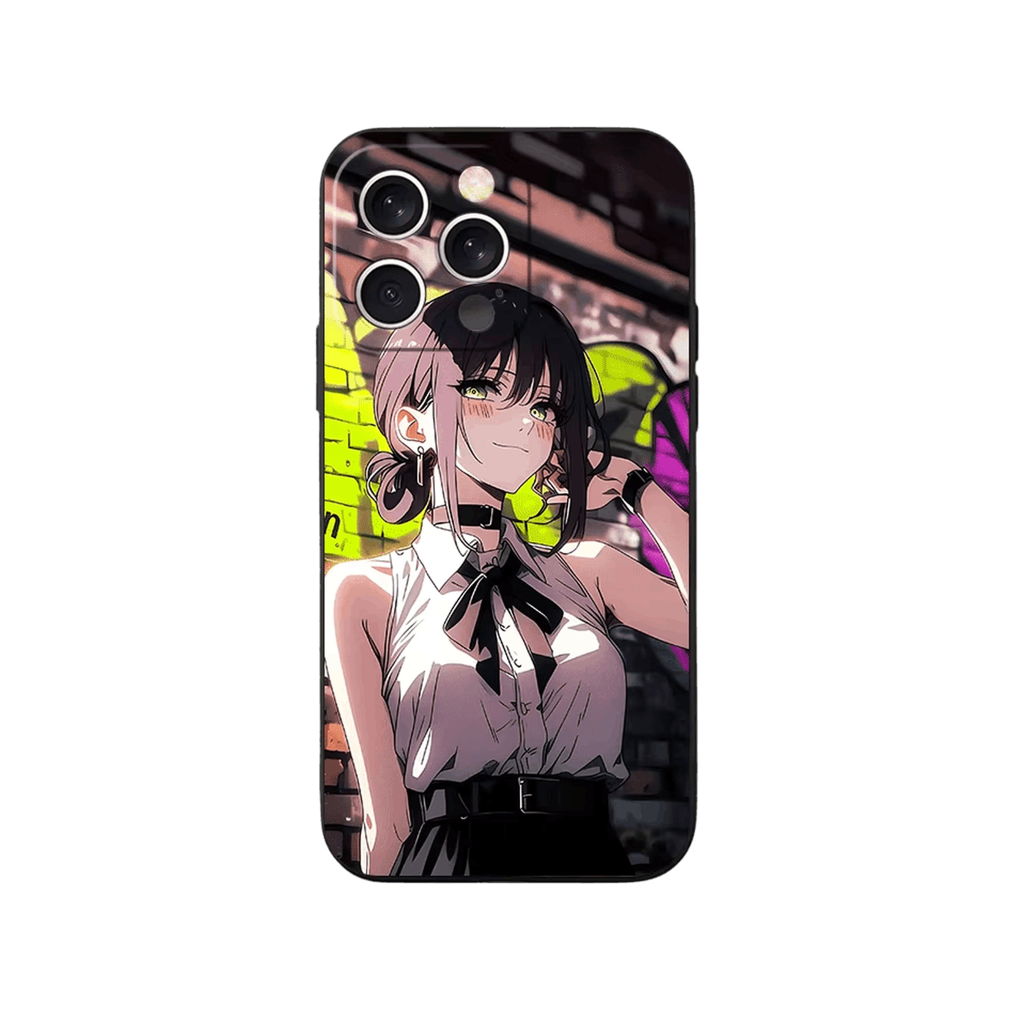 Coque iPhone Chainsaw Man – Reze, Mur de Graffitis, dominante noir et jaune fluo
