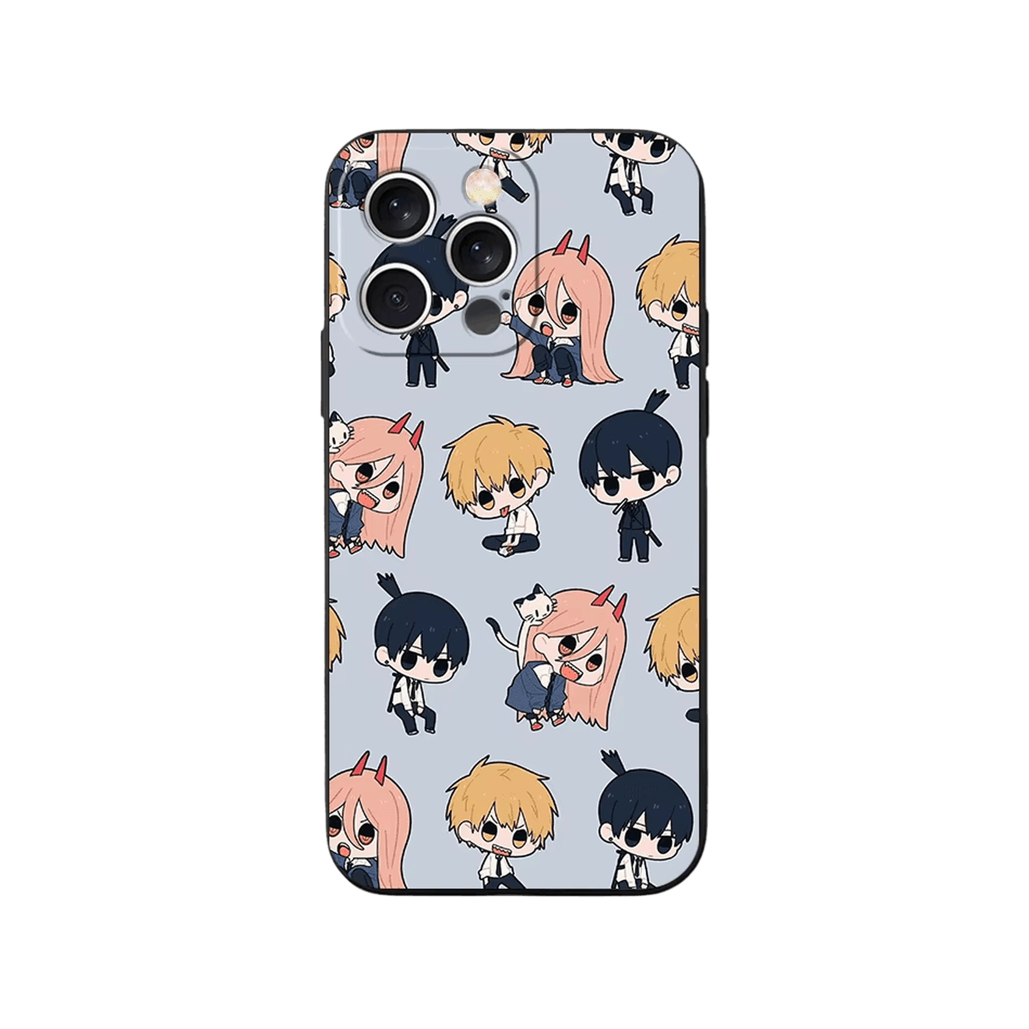 Coque iPhone Chainsaw Man – Le Trio en Motif, dominante gris bleuté