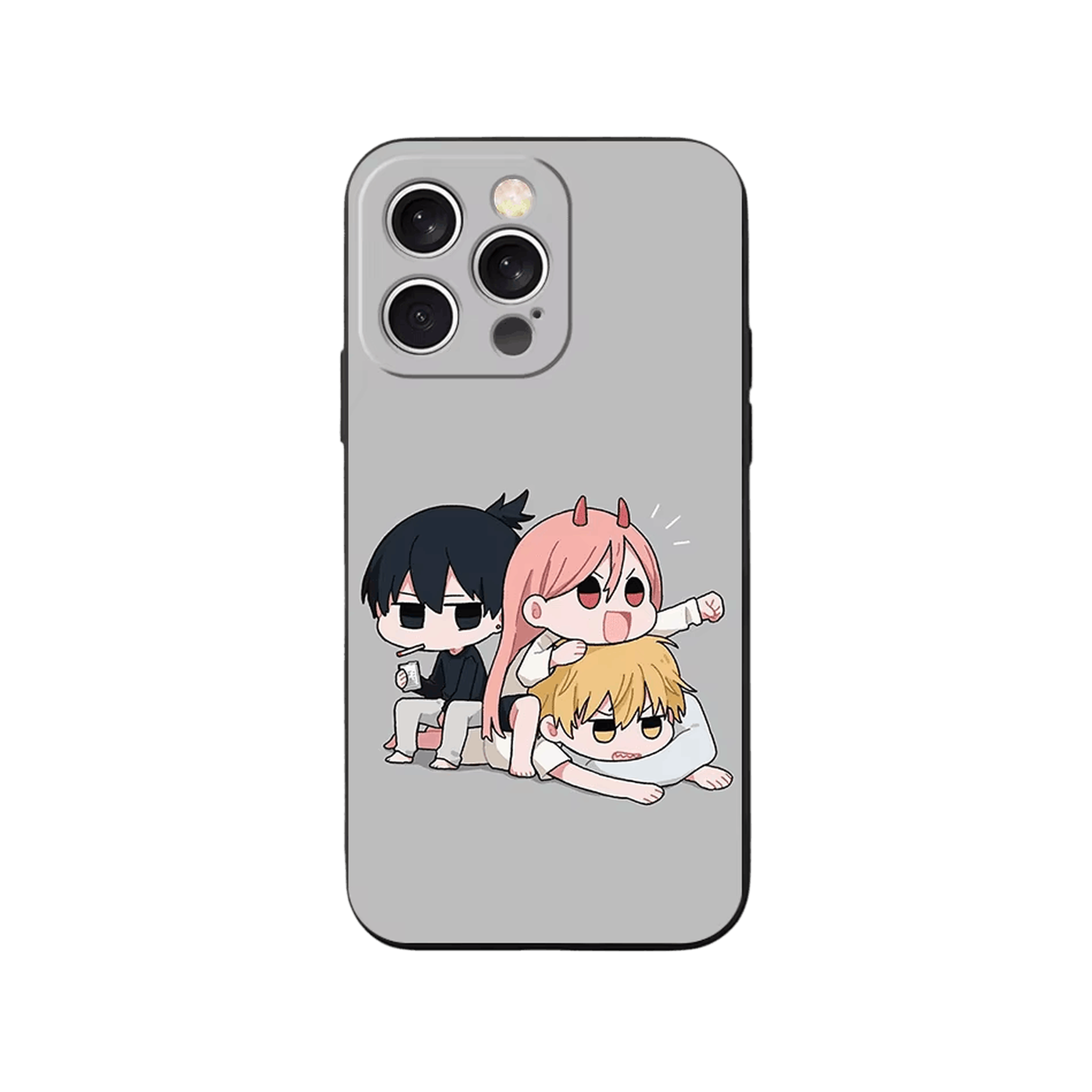 Coque iPhone Chainsaw Man – Le Trio en Pause, dominante gris