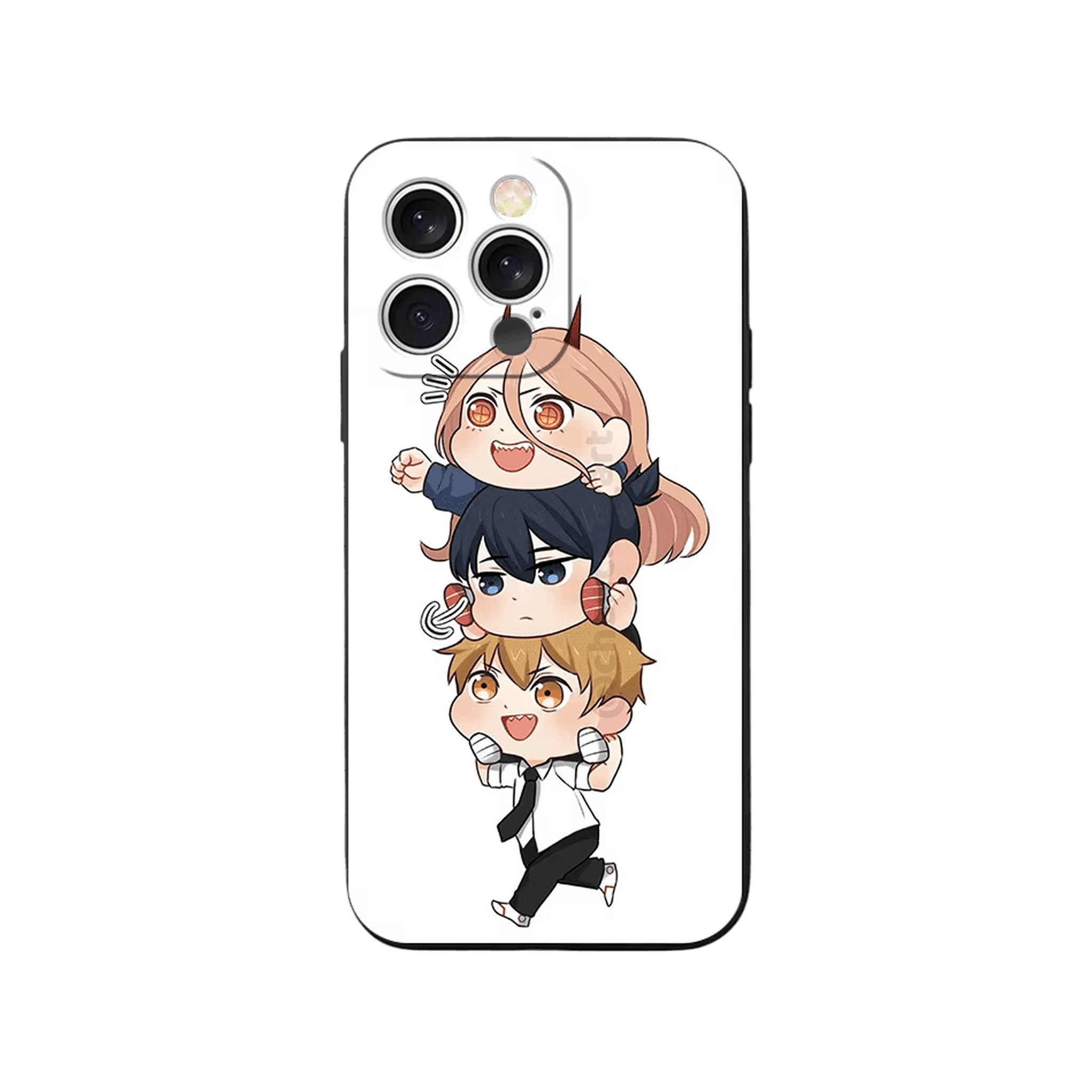Coque iPhone Chainsaw Man – Le Trio en Pyramide, dominante blanc