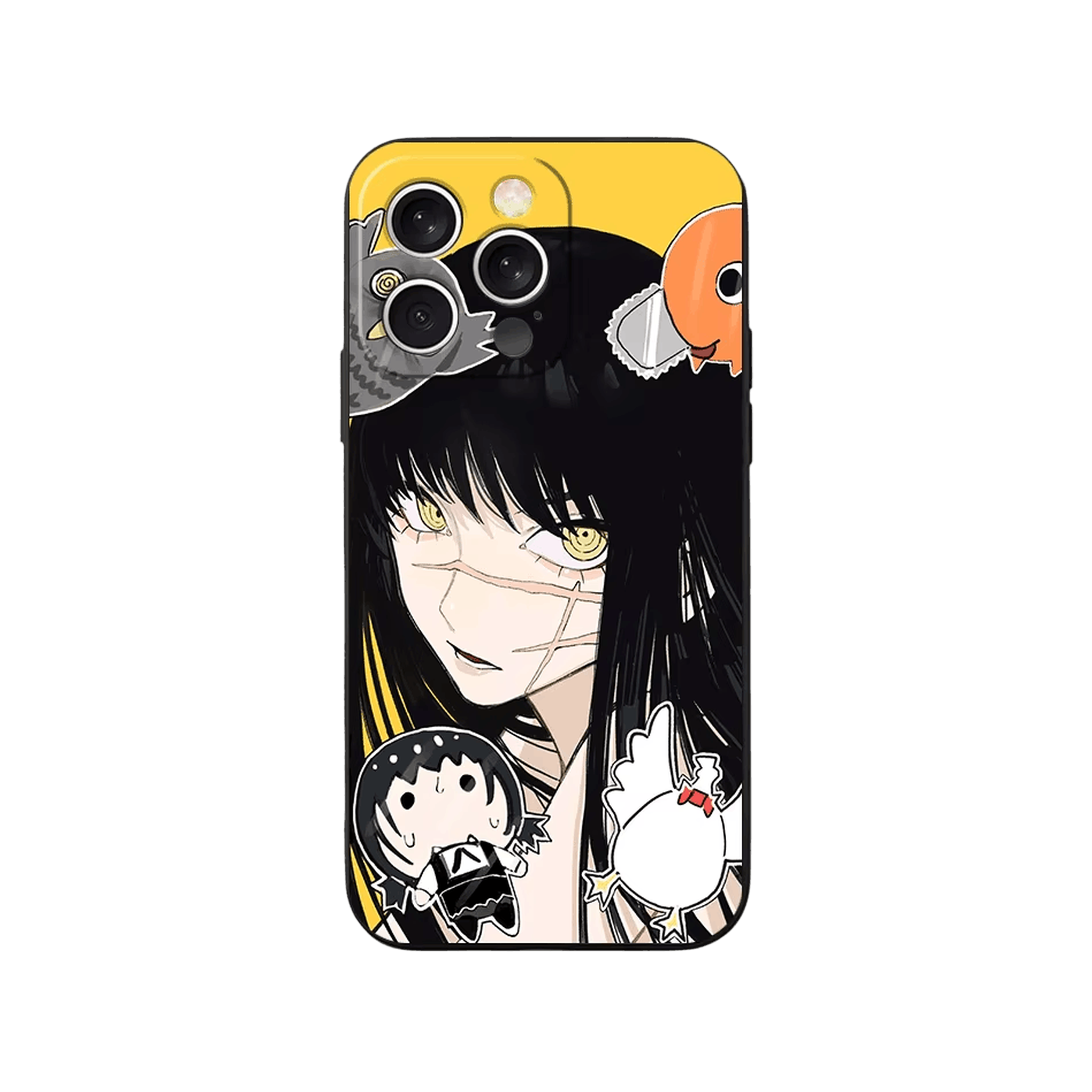 Coque iPhone Chainsaw Man – Yoru, Fond Jaune et Chibis, dominante jaune et noir