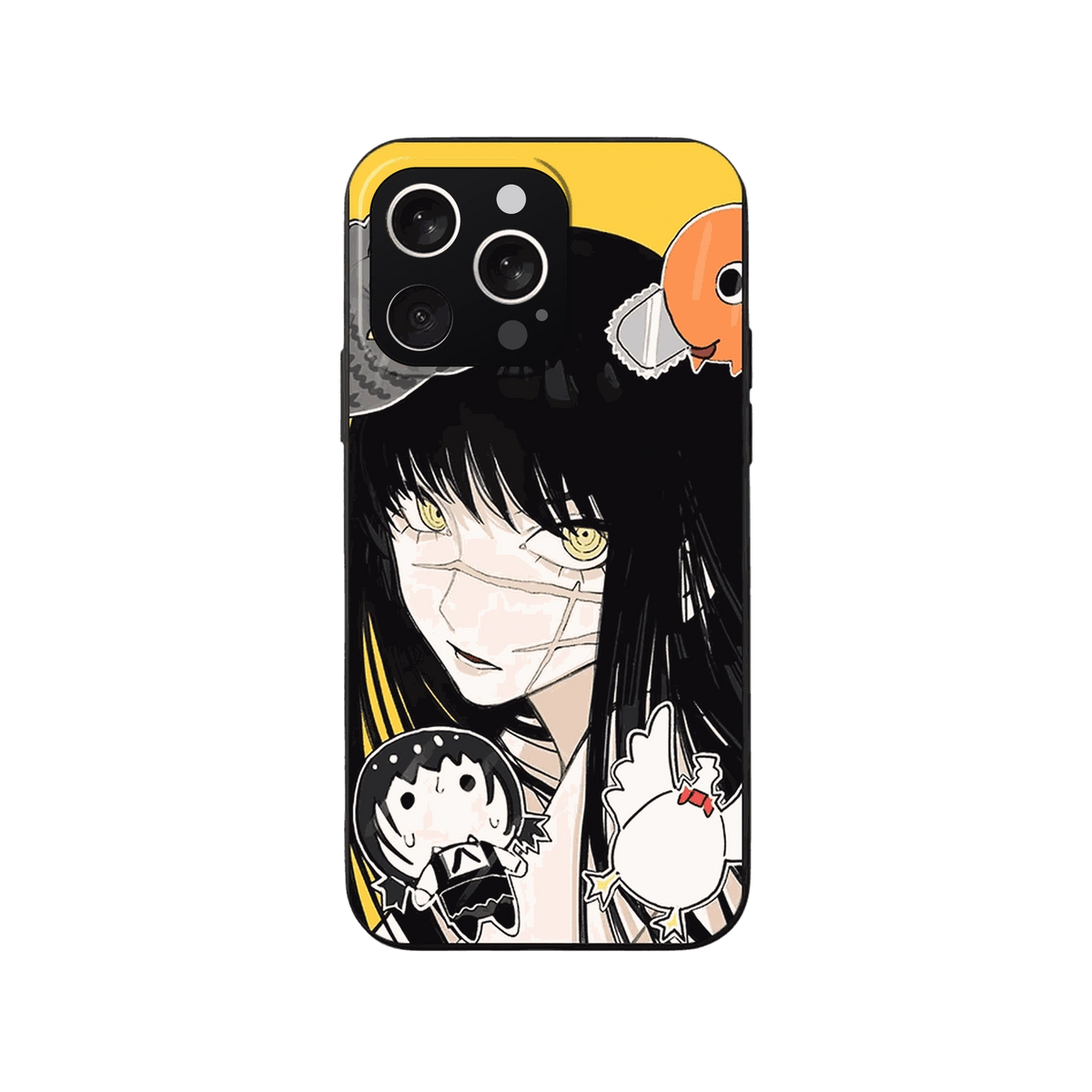 Coque iPhone Chainsaw Man – Yoru, Fond Jaune et Chibis, dominante jaune et noir