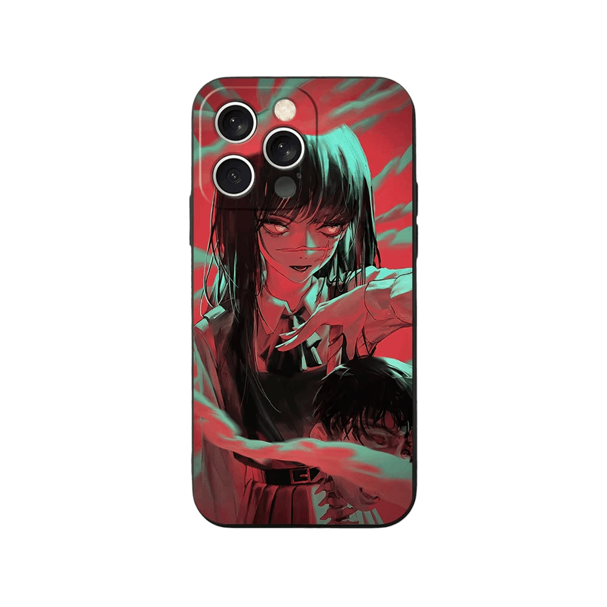 Coque iPhone Chainsaw Man – Yoru, Rouge et Turquoise, dominante rouge et turquoise