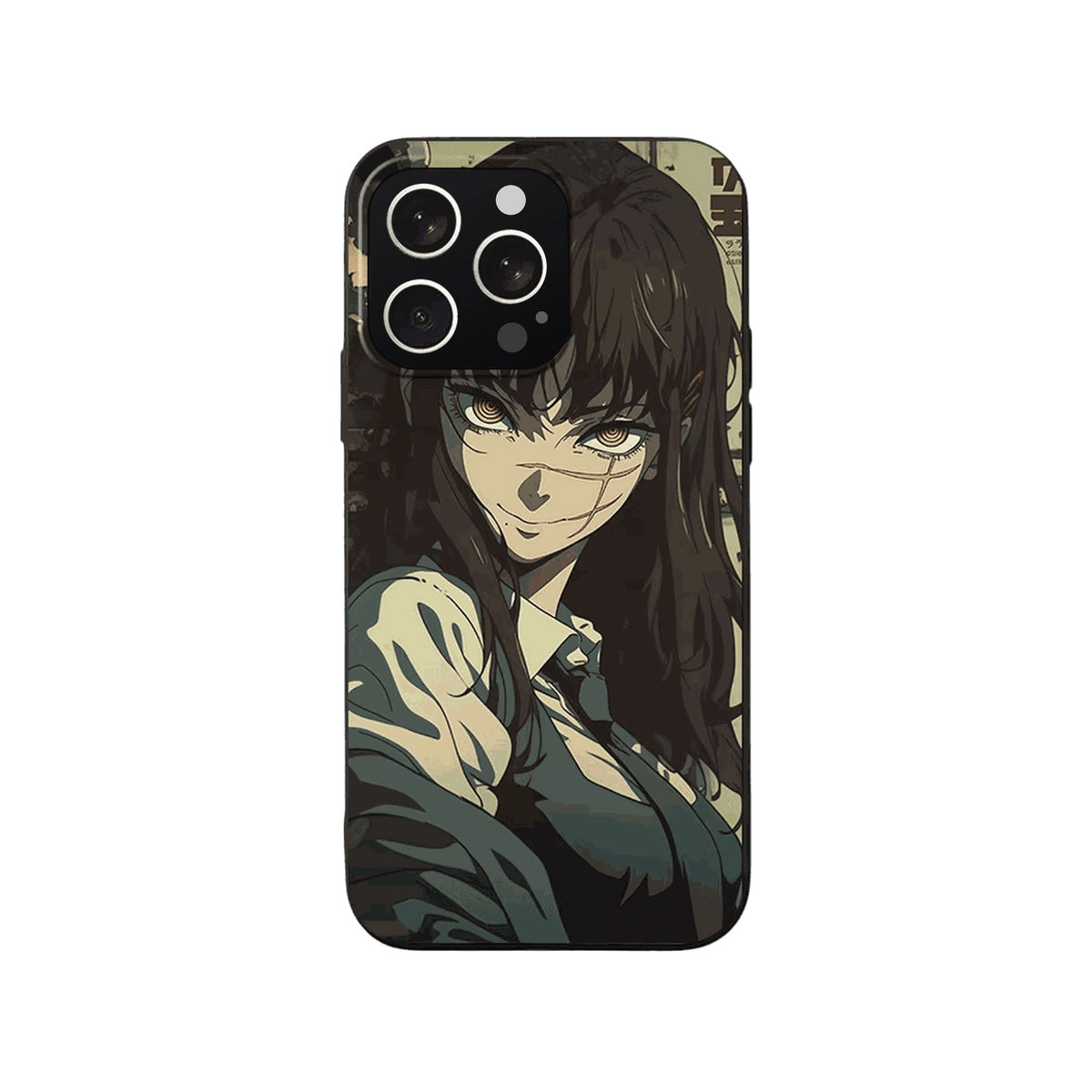 Coque iPhone Chainsaw Man – Yoru, Sourire de Rue, dominante brun et vert olive