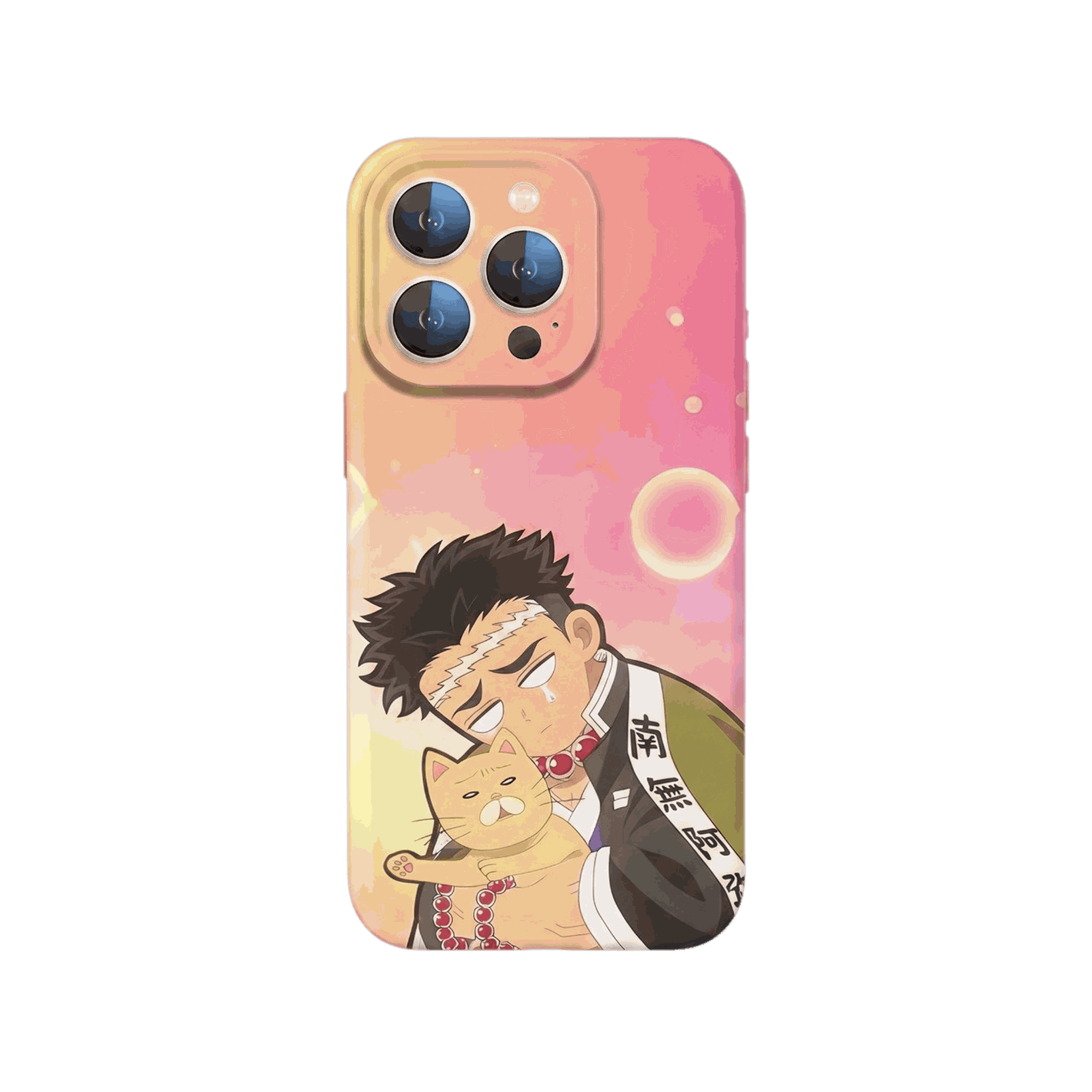 Coque iPhone Demon Slayer – Gyomei et le Chat Porte-Bonheur, dominante rose pêche
