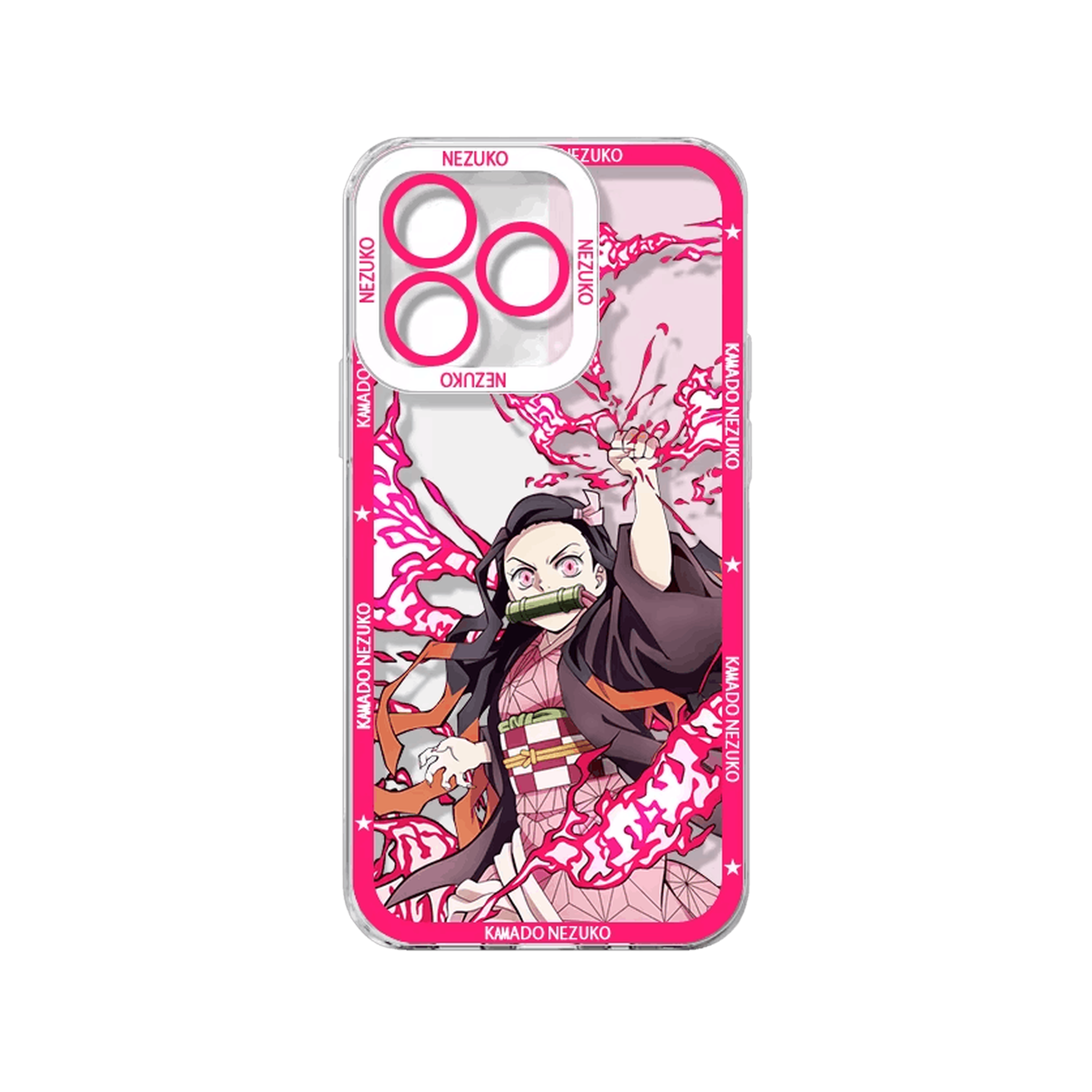 Coque iPhone Demon Slayer illustrant Kamado Nezuko sur un panneau rose