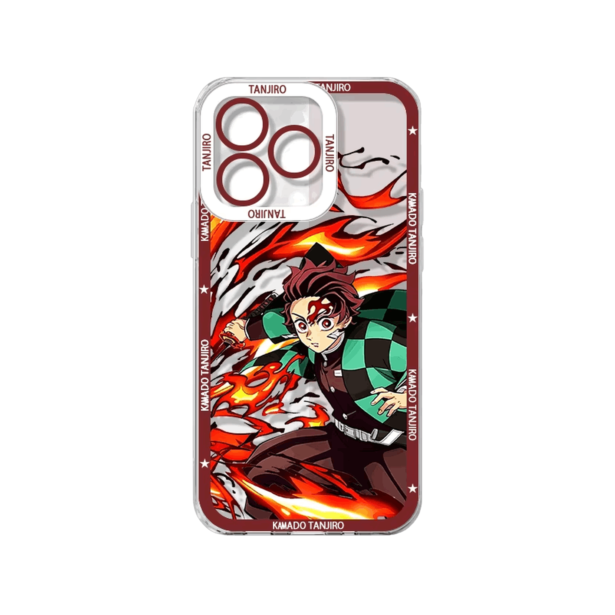 Coque iPhone Demon Slayer illustrant Kamado Tanjiro sur un panneau rouge sombre