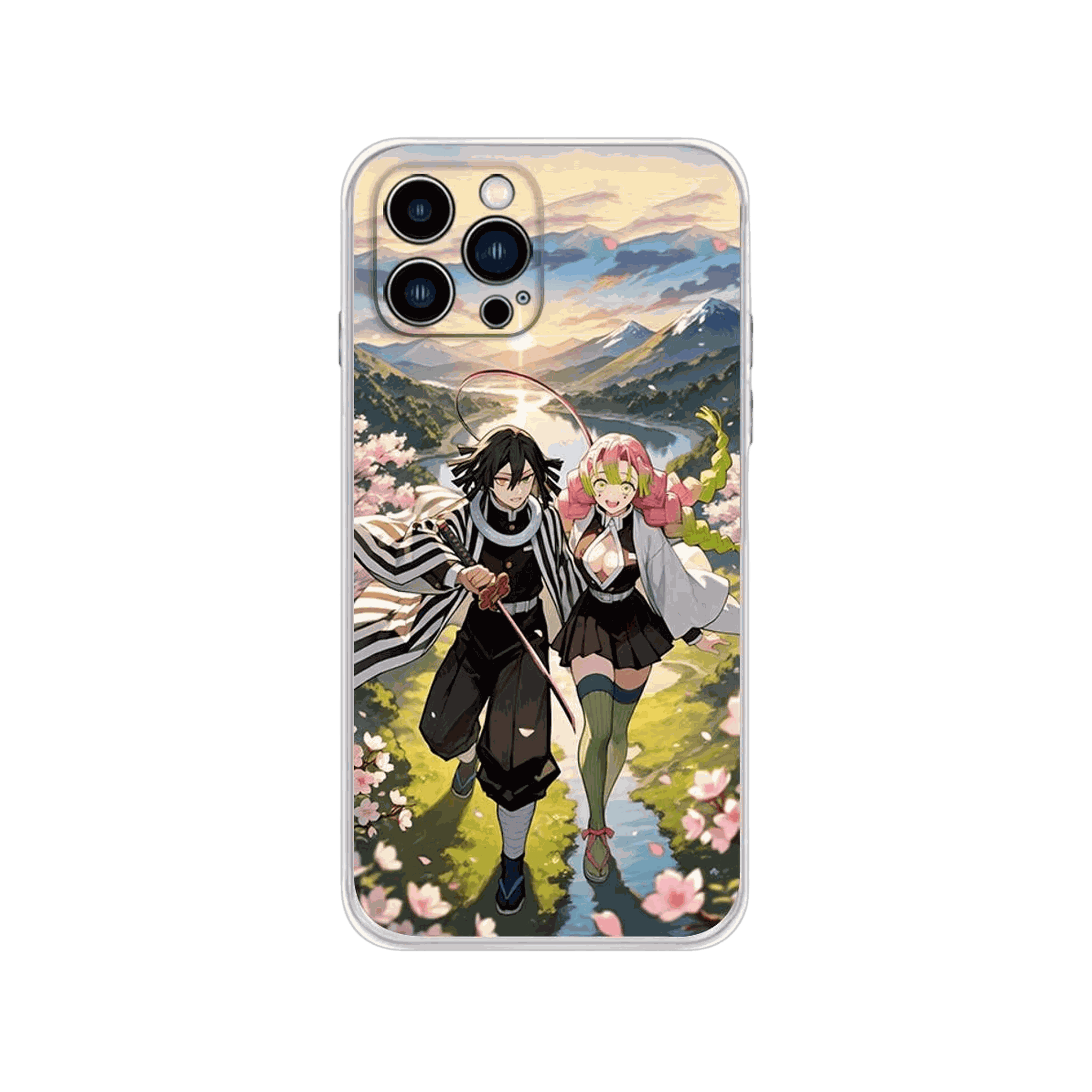 Coque iPhone Demon Slayer – Mitsuri et Obanai en Fleurs, dominante pastel, prairie et ciel doré