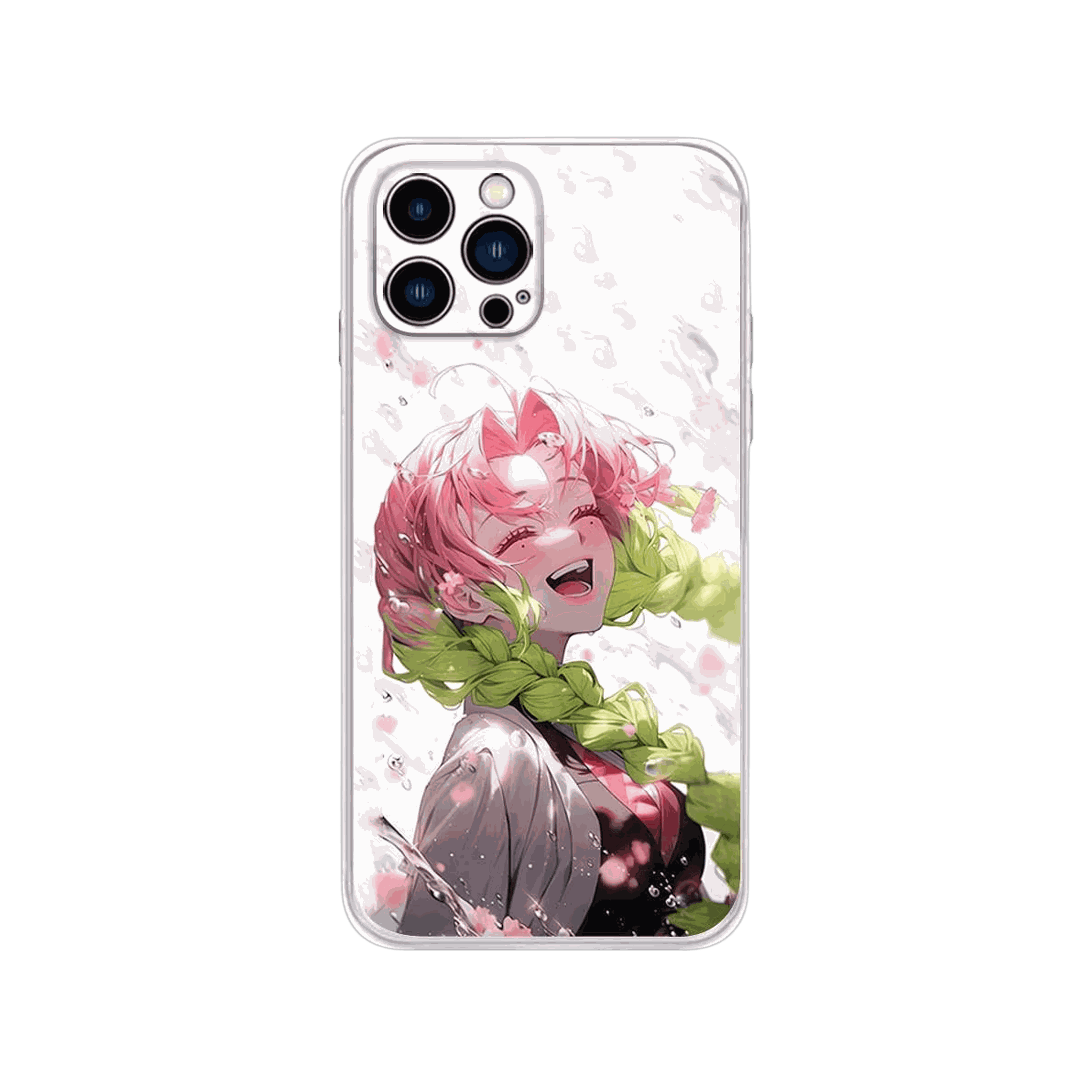 Coque iPhone Demon Slayer – Le Rire de Mitsuri, dominante blanc et rose poudré