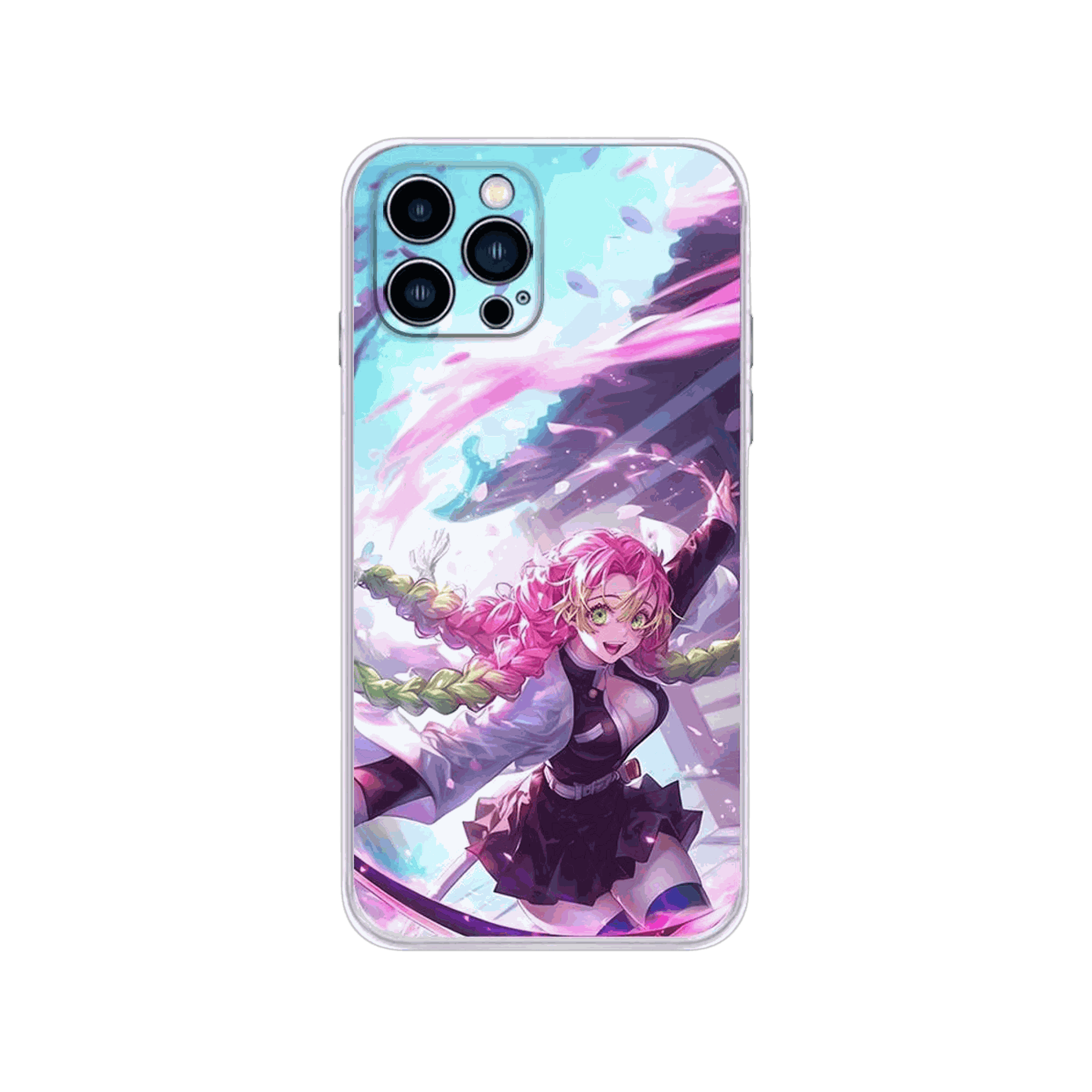 Coque iPhone Demon Slayer – Mitsuri, le Souffle de l'Amour, dominante rose et violet électrique