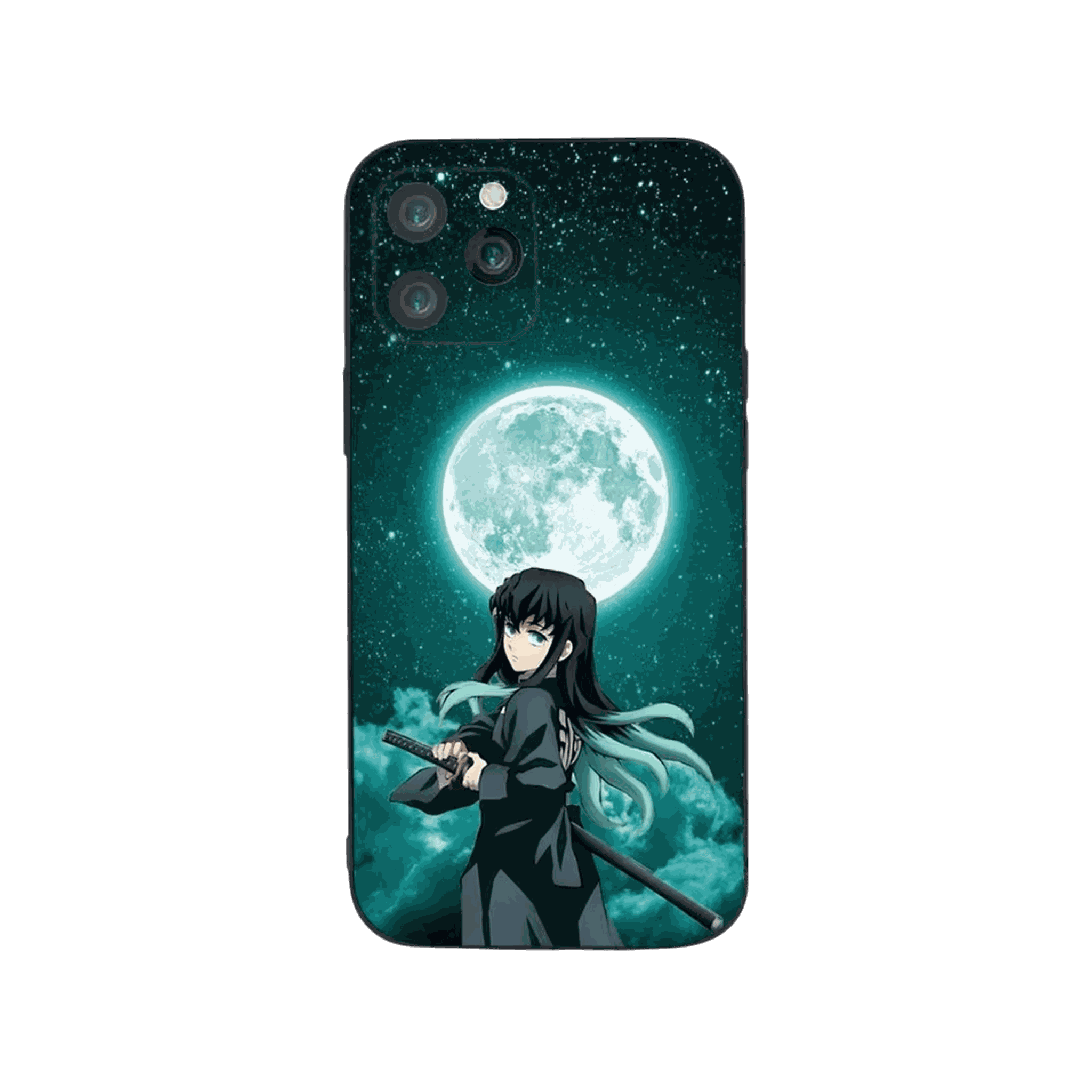 Coque iPhone Demon Slayer illustrant muichiro et la pleine lune en dominante vert nuit