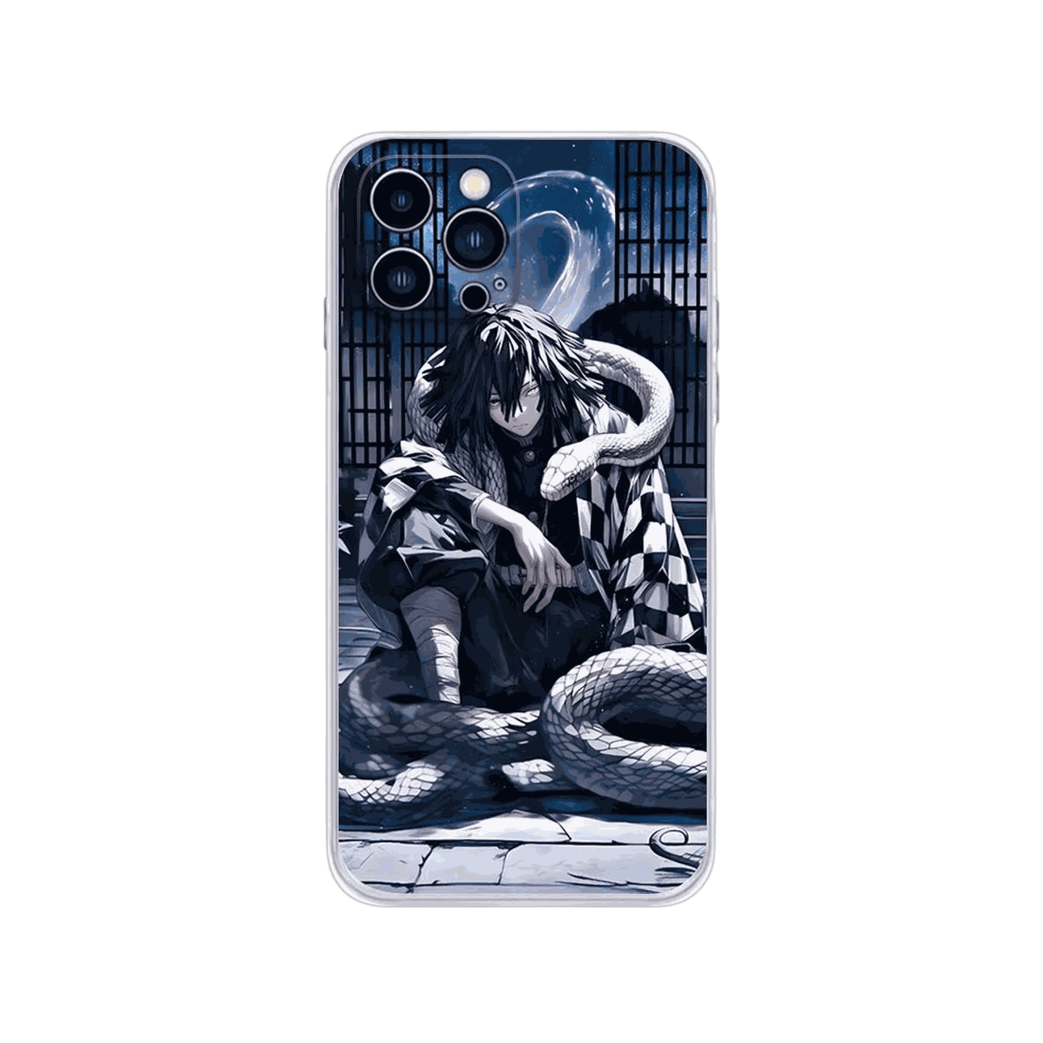 Coque iPhone Demon Slayer – Obanai et Kaburamaru, dominante bleu-gris nuit