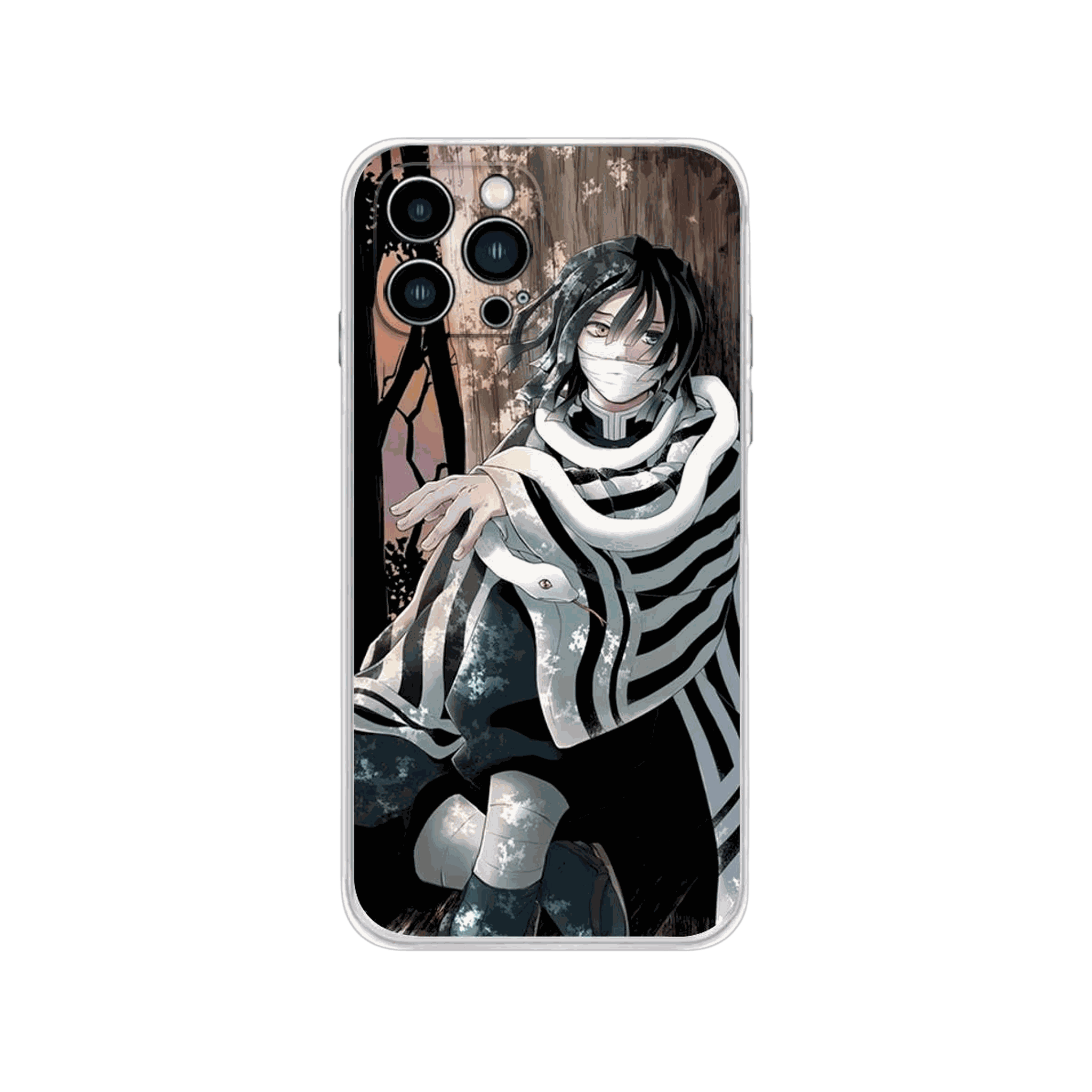 Coque iPhone Demon Slayer – Obanai, le Pilier du Serpent, dominante gris délavé