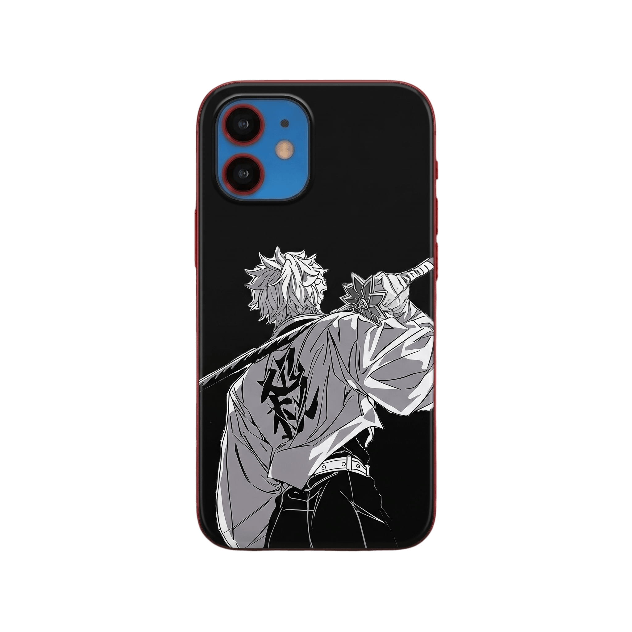 Coque iPhone Demon Slayer illustrant Sanemi Shinazugawa de dos, sabre sur l'épaule, en monochrome sur fond noir