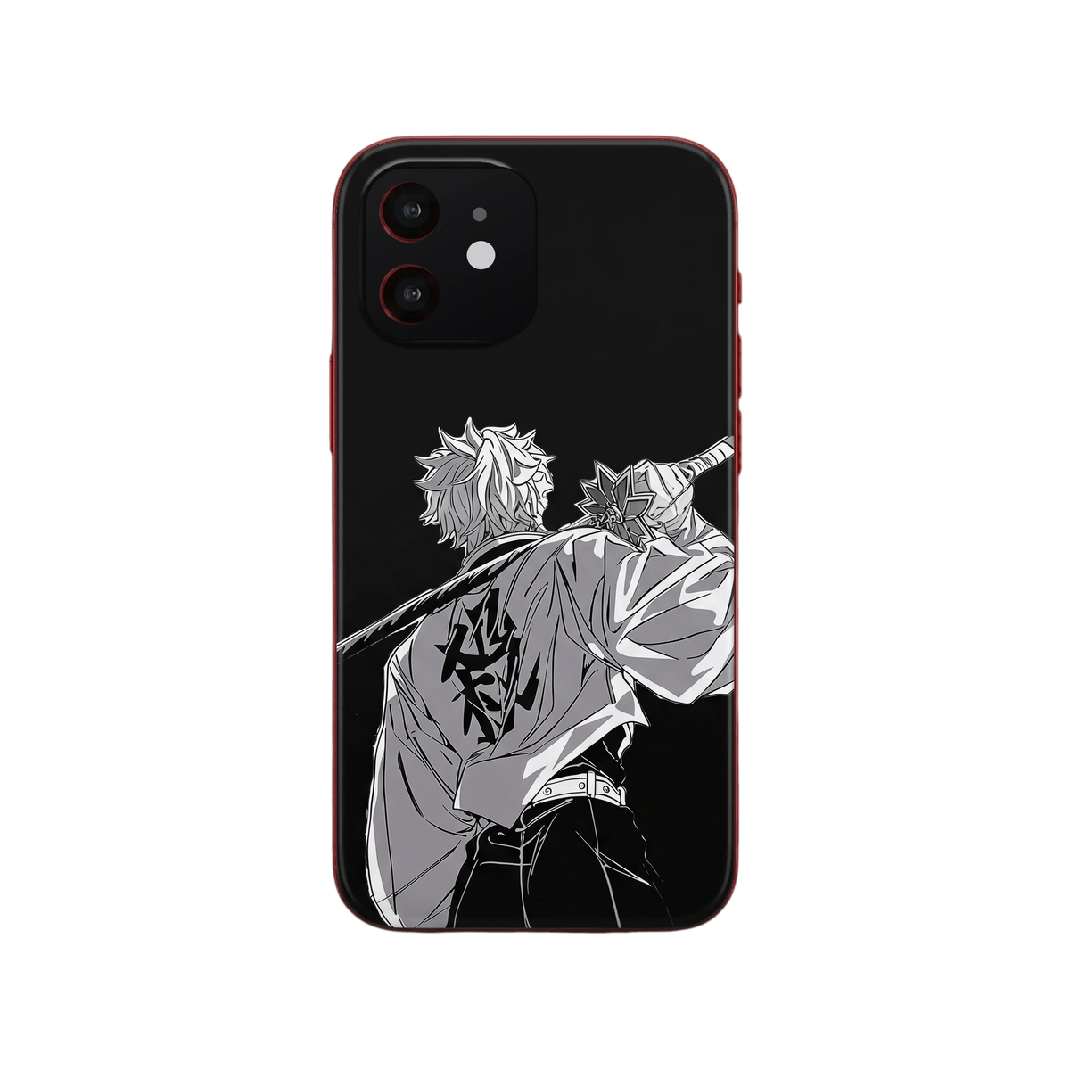 Coque iPhone Demon Slayer illustrant Sanemi Shinazugawa de dos, sabre sur l'épaule, en monochrome sur fond noir