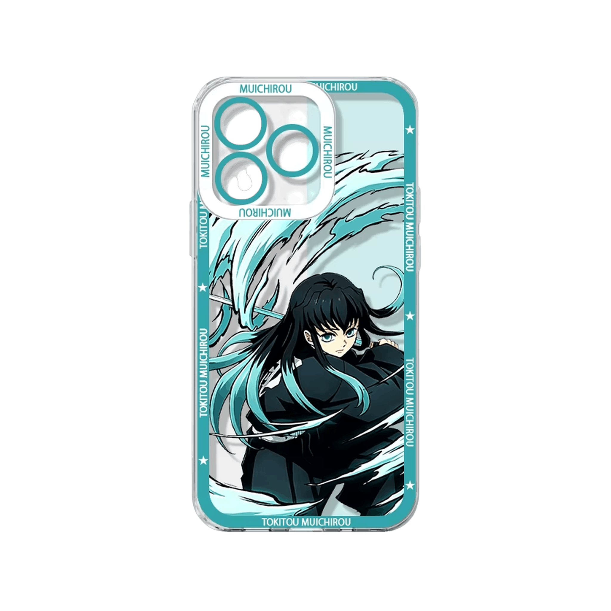 Coque iPhone Demon Slayer illustrant Tokito Muichiro sur un panneau turquoise