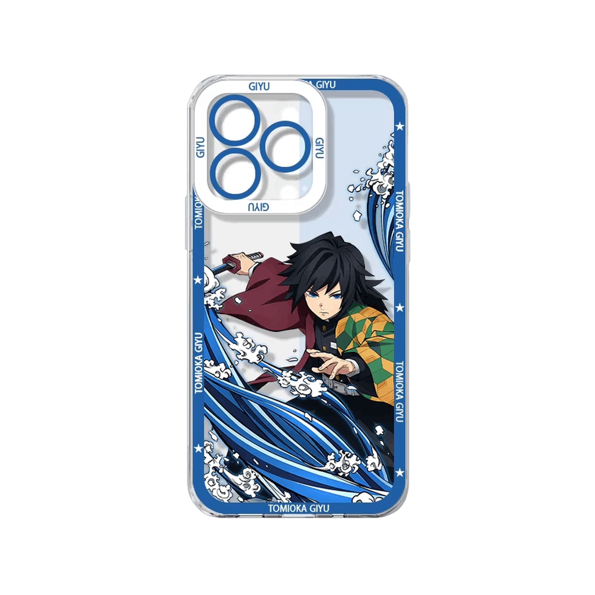 Coque iPhone Demon Slayer illustrant Tomioka Giyu sur un panneau bleu