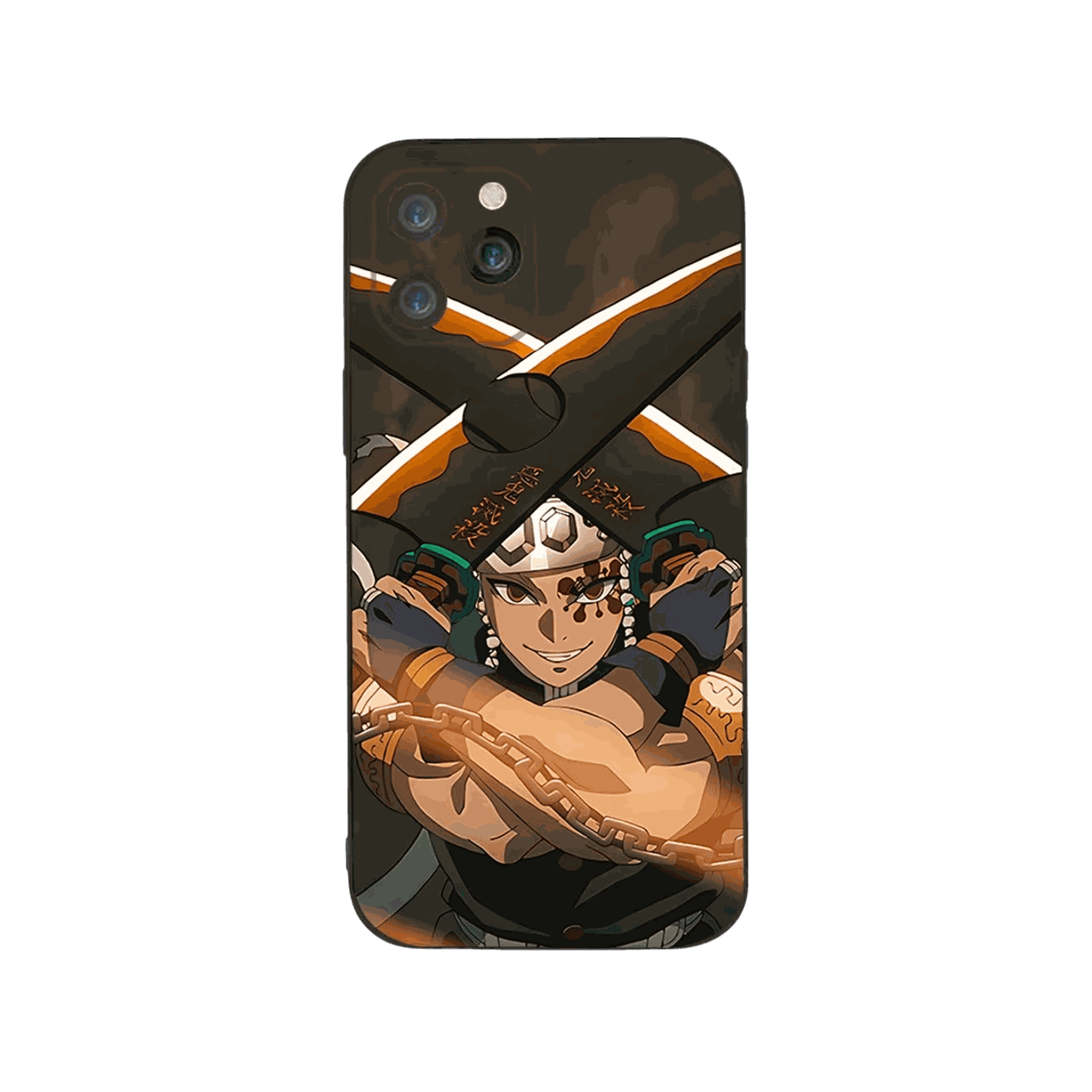 Coque iPhone Demon Slayer – Uzui, Lames Croisées, dominante ambre sombre