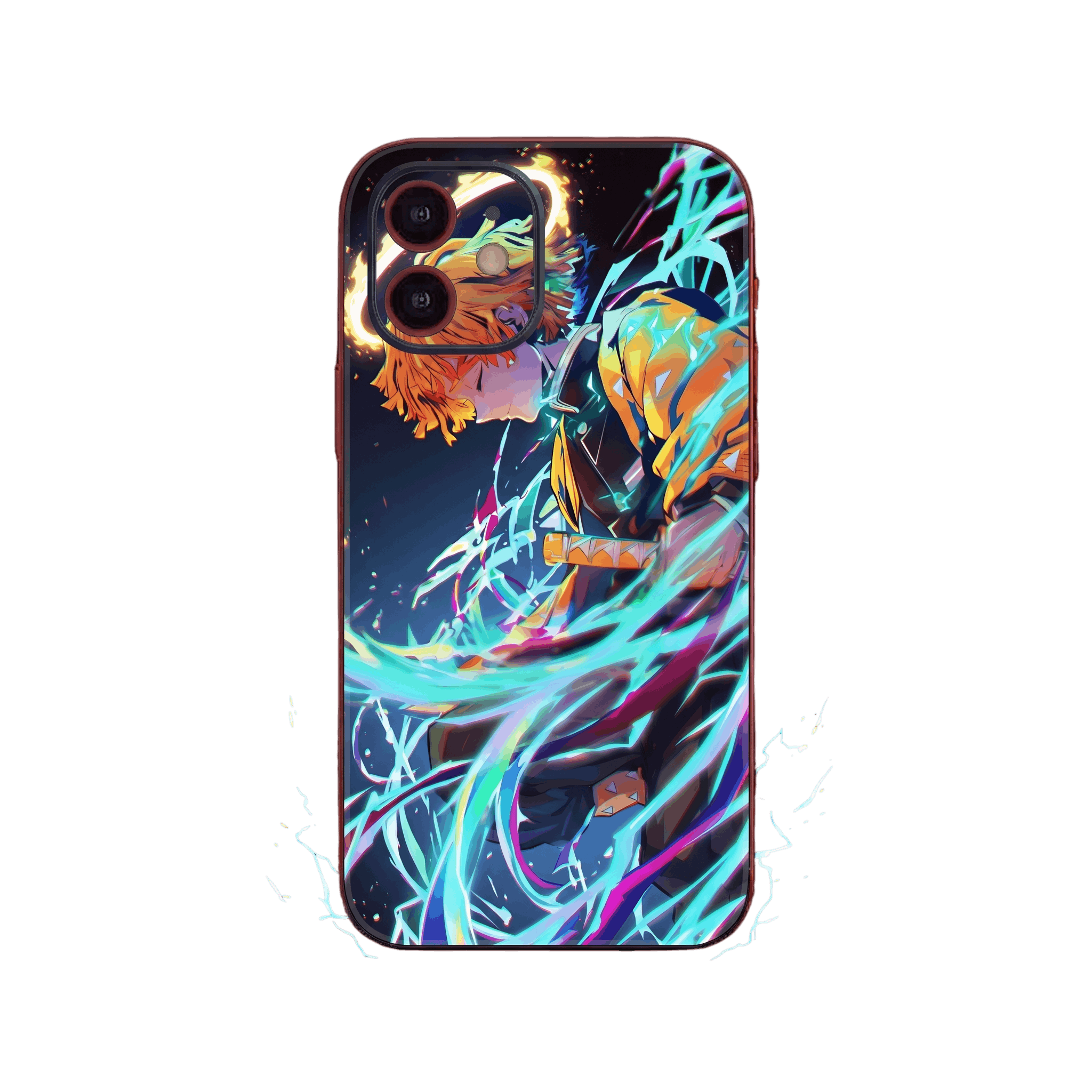 Coque iPhone Demon Slayer illustrant Zenitsu Agatsuma yeux fermés, traversé par un éclair cyan et magenta