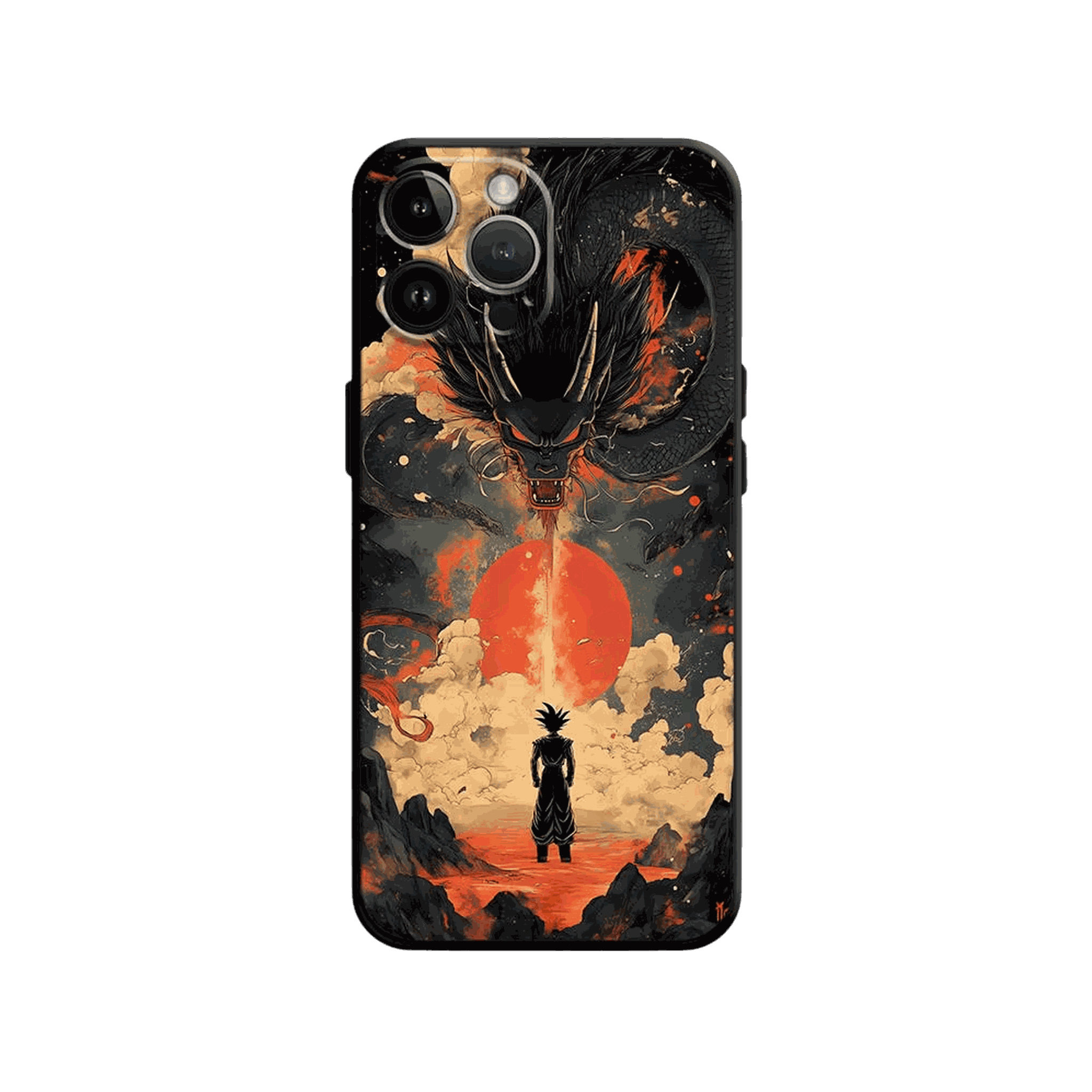 Coque iPhone Dragon Ball illustrant dragon sombre et soleil rouge en dominante noir et rouge