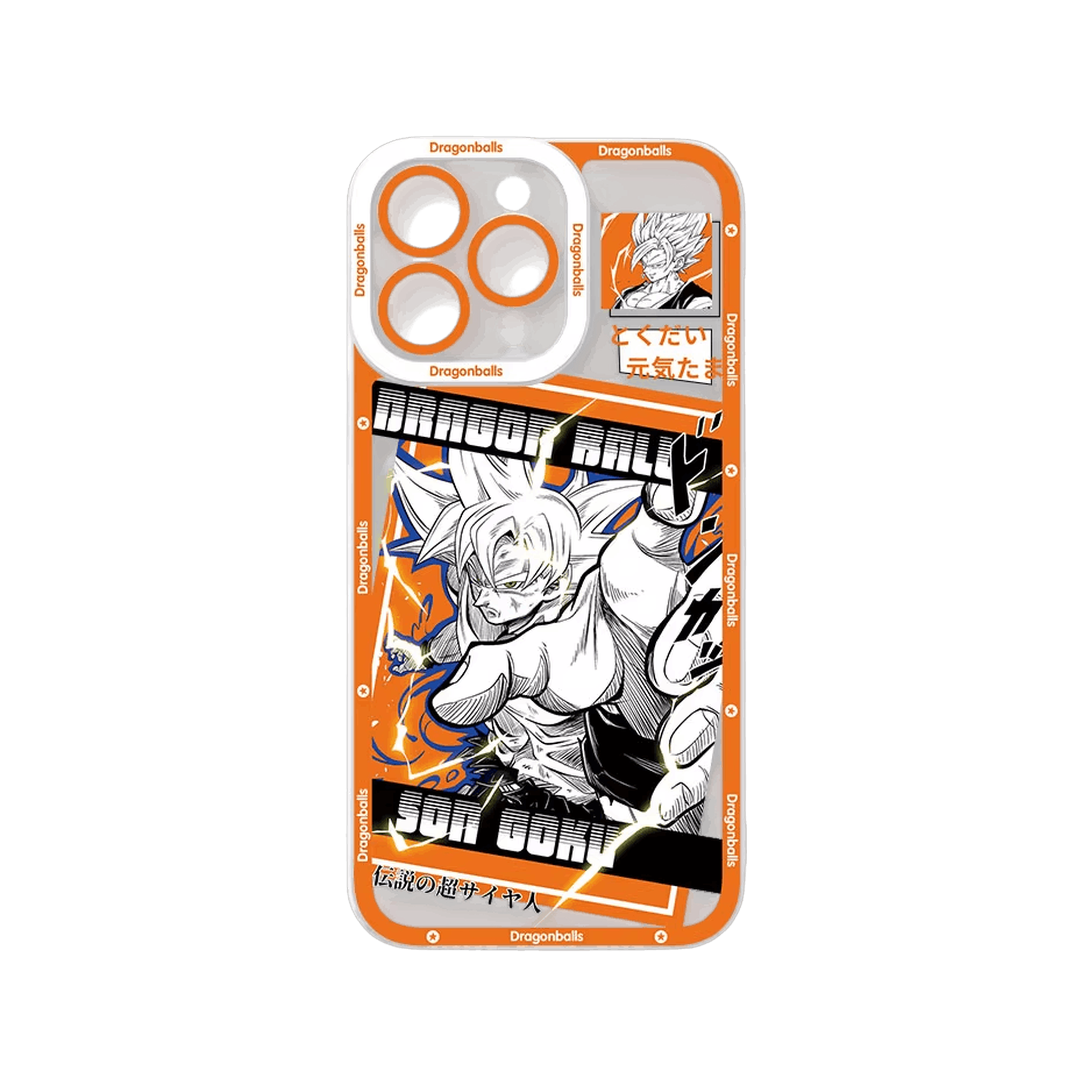 Coque iPhone Dragon Ball illustrant Son Goku sur un panneau orange