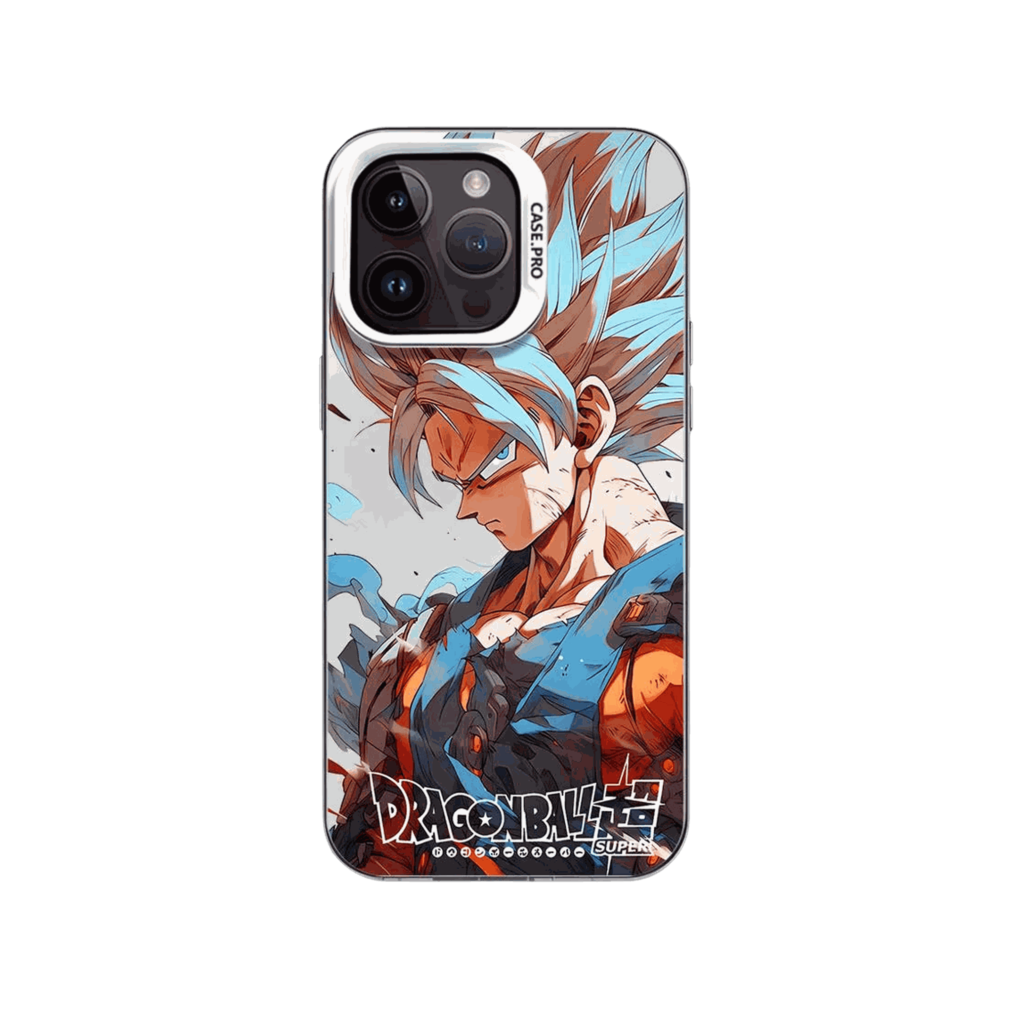 Coque iPhone Dragon Ball illustrant goku super saiyan blue en dominante bleu et orange