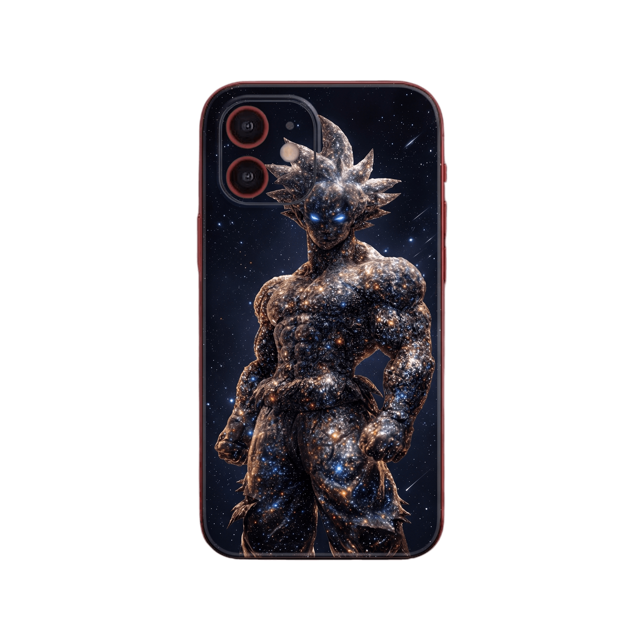 Coque iPhone Dragon Ball illustrant Goku dont le corps est composé d'étoiles, sur un fond de galaxie