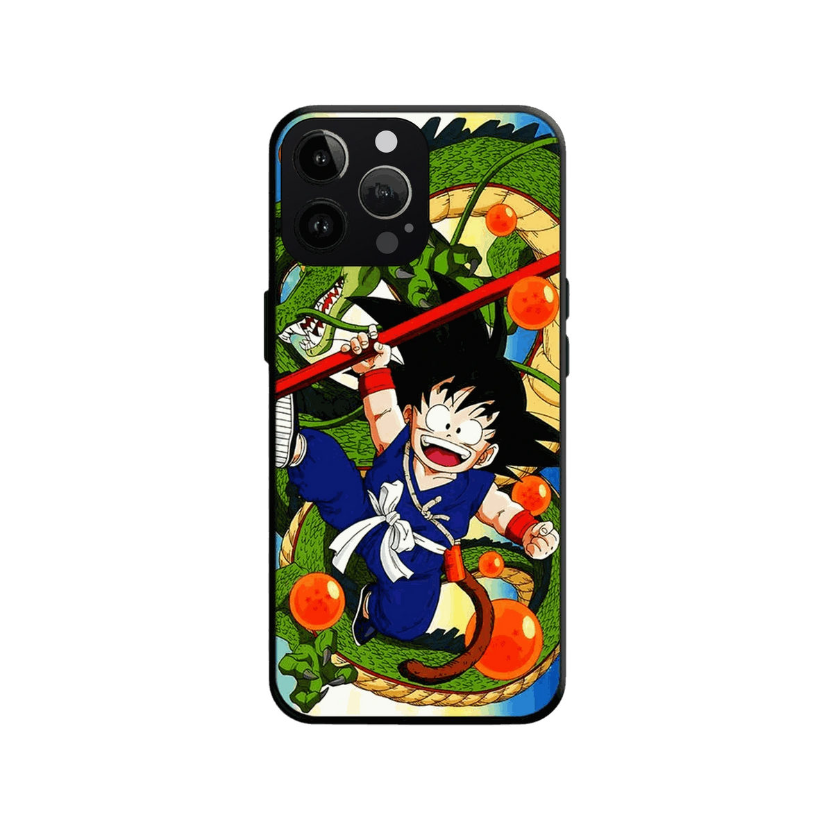 Coque iPhone Dragon Ball illustrant goku enfant et shenron en dominante coloré